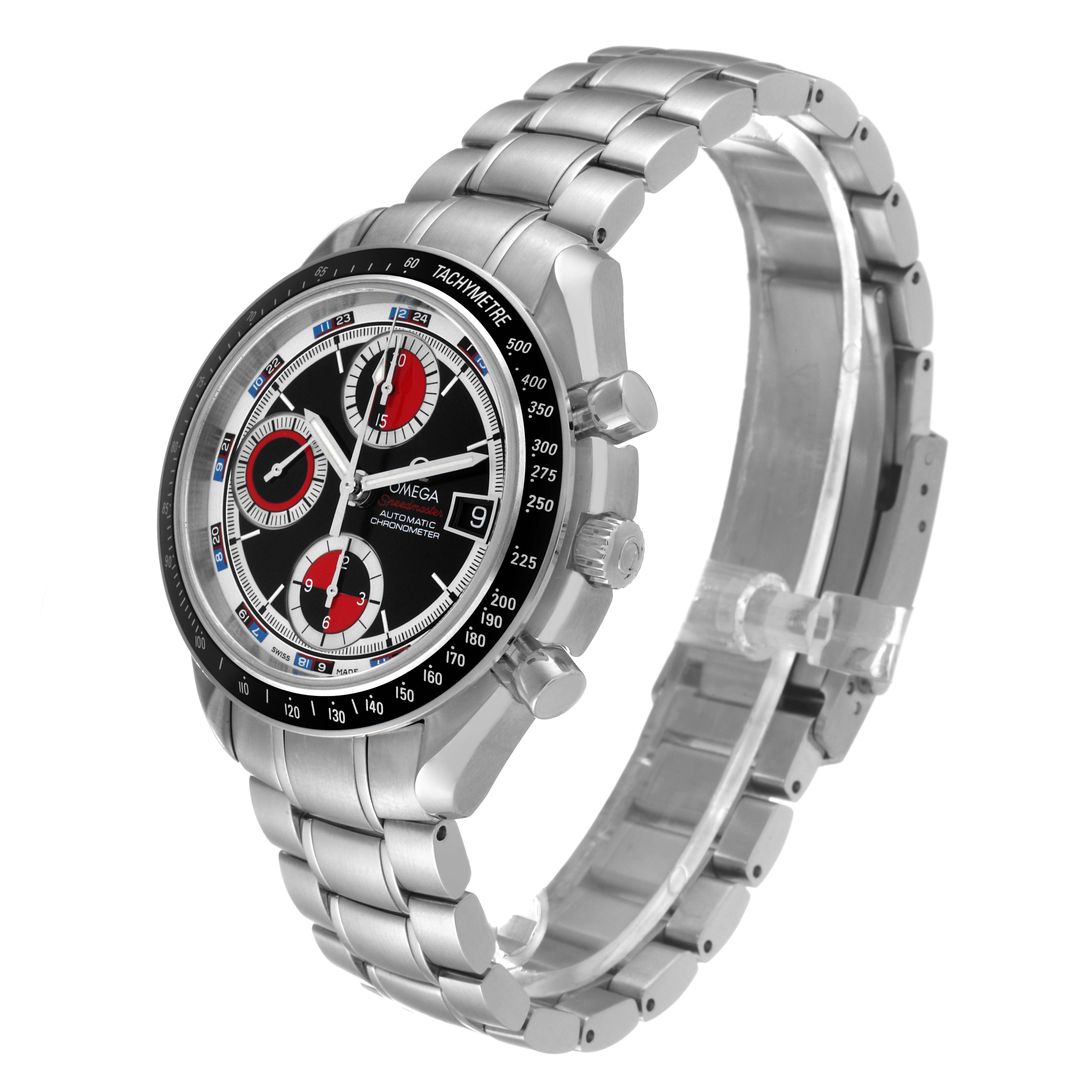 This Omega Speedmaster 3210.52.00 Men
s Stainless Steel Black Dial 3210.52.00 Men
s Stainless Steel Black Dial watch is shown at a three-quarter angle, highlighting its face, bezel, case, and bracelet.