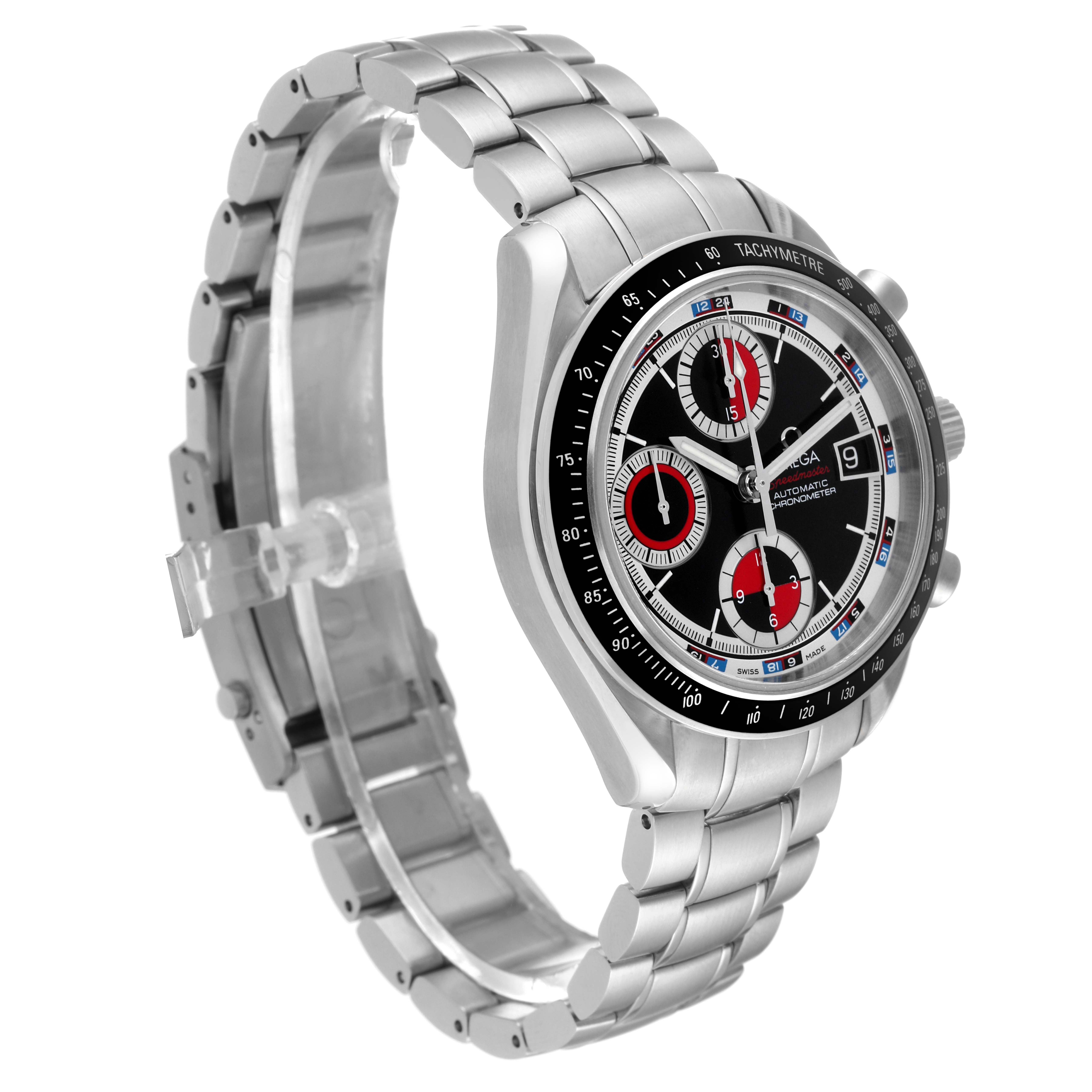 The watch is an Omega Speedmaster 3210.52.00 Men
s Stainless Steel Black Dial 3210.52.00 Men
s Stainless Steel Black Dial, shown at an angle showcasing the watch face and stainless steel bracelet.