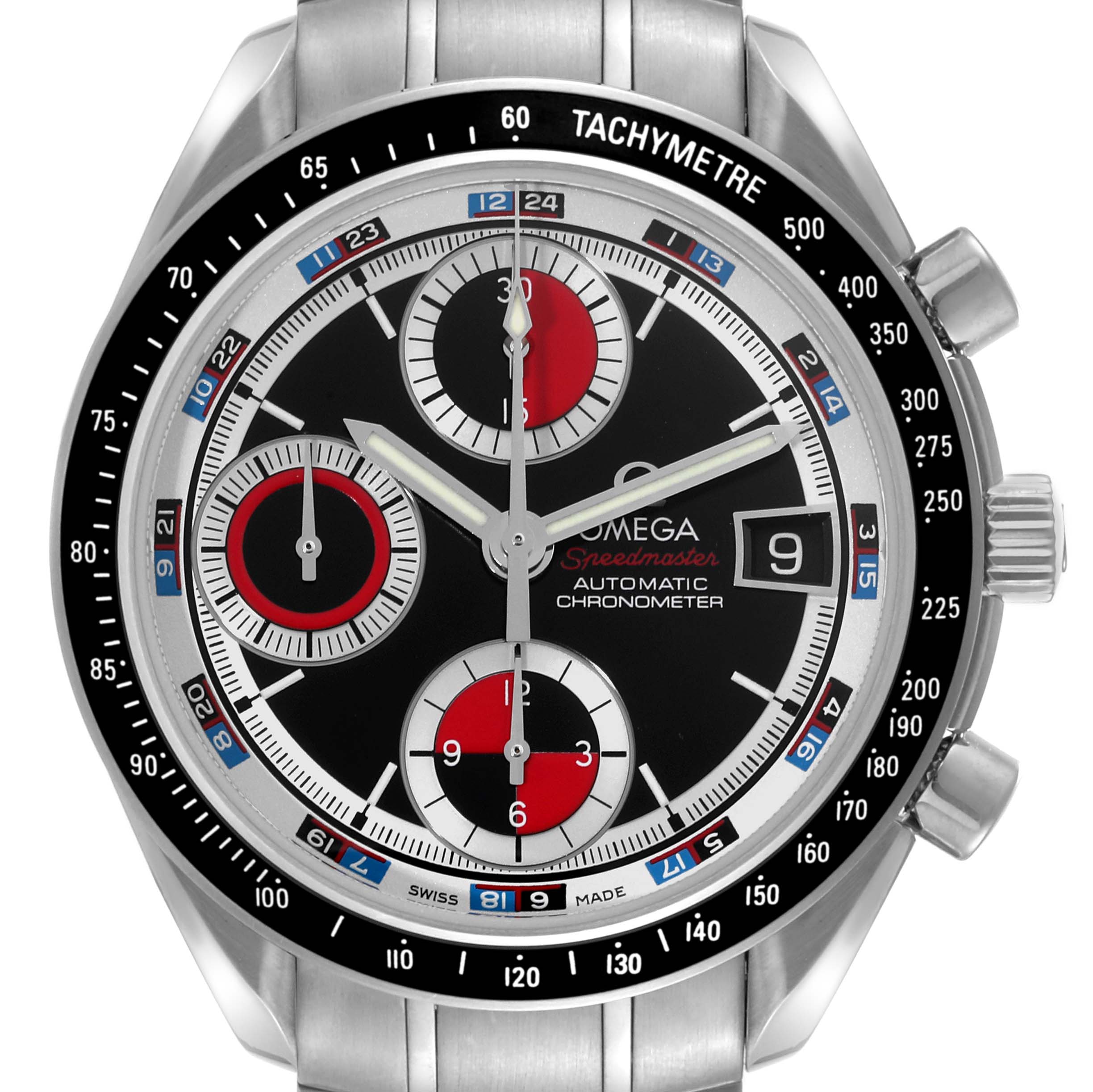 The Omega Speedmaster 3210.52.00 Men
s Stainless Steel Black Dial 3210.52.00 Men
s Stainless Steel Black Dial watch is shown from a front angle highlighting the dial, subdials, and tachymeter bezel.