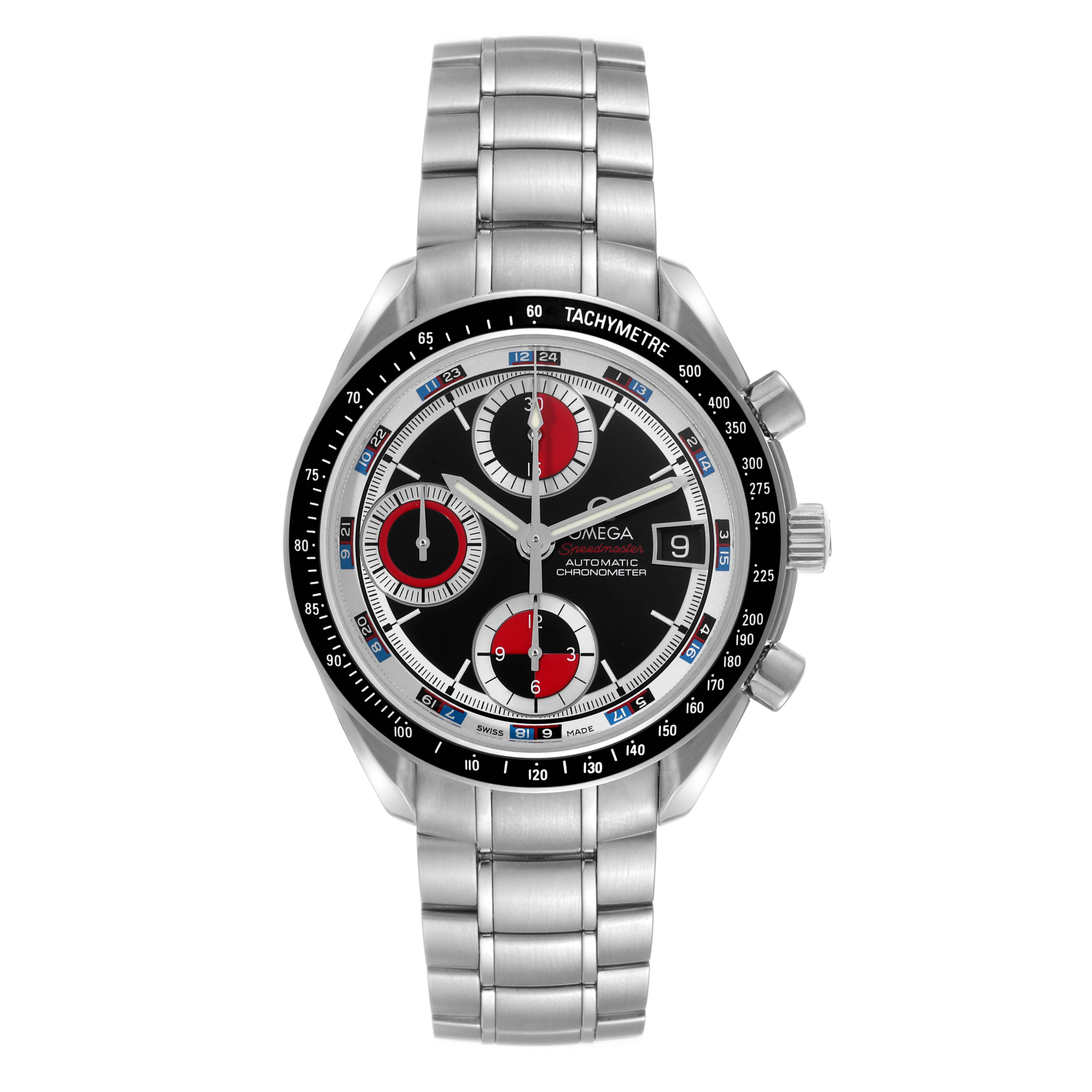 This image shows a front view of the Omega Speedmaster 3210.52.00 Men
s Stainless Steel Black Dial 3210.52.00 Men
s Stainless Steel Black Dial watch featuring its dial, bezel, crown, pushers, and bracelet.