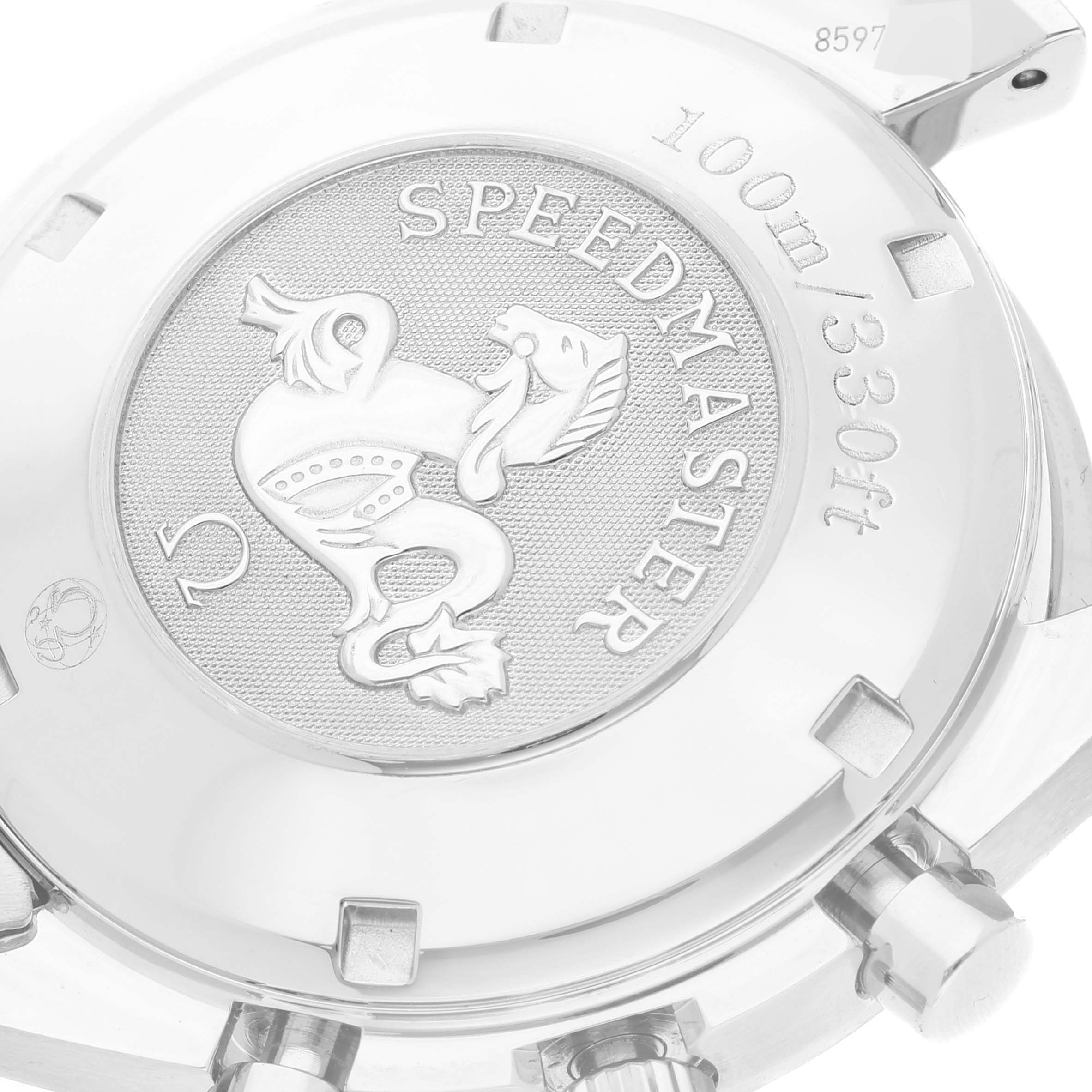 This image shows the case back of an Omega Speedmaster 3210.52.00 Men
s Stainless Steel Black Dial 3210.52.00 Men
s Stainless Steel Black Dial with its engraved logo and water resistance details.