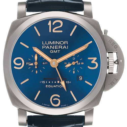 The Panerai Luminor PAM00670 Men's Titanium Blue Dial model watch is shown from the front, highlighting its blue dial, gold-tone hands, subdials, and crown guard.