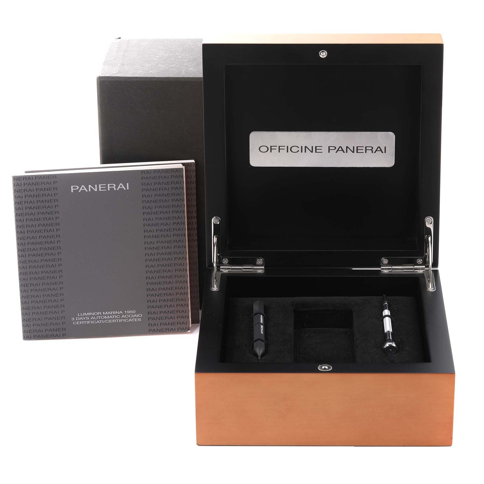 This image shows an open Panerai Luminor PAM00392 Men
s Stainless Steel Black Dial PAM00392 Men
s Stainless Steel Black Dial watch box with accessories, including tool slots and a booklet.