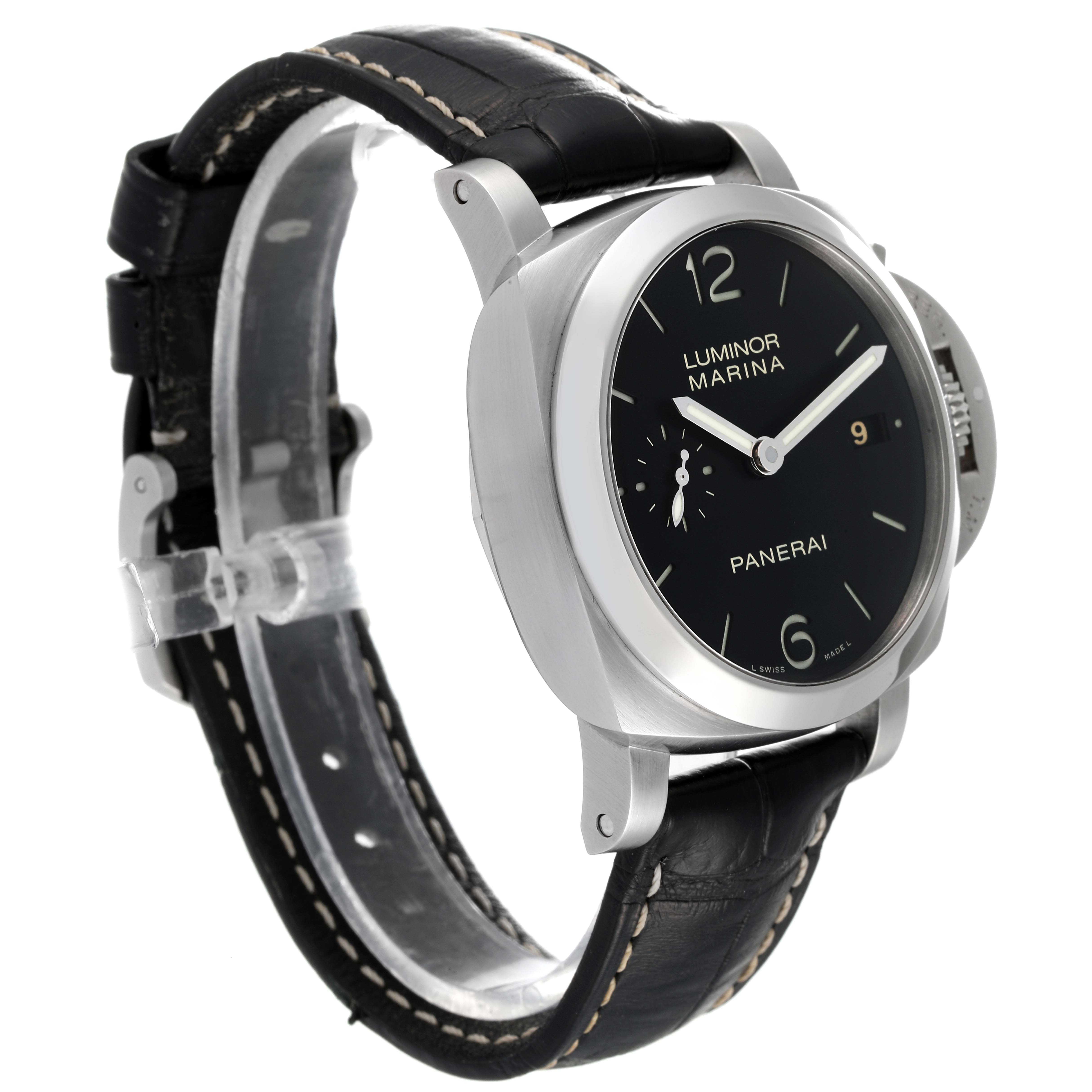 The Panerai Luminor PAM00392 Men
s Stainless Steel Black Dial PAM00392 Men
s Stainless Steel Black Dial watch is shown at a three-quarter angle, displaying its black dial, leather strap, and crown guard.