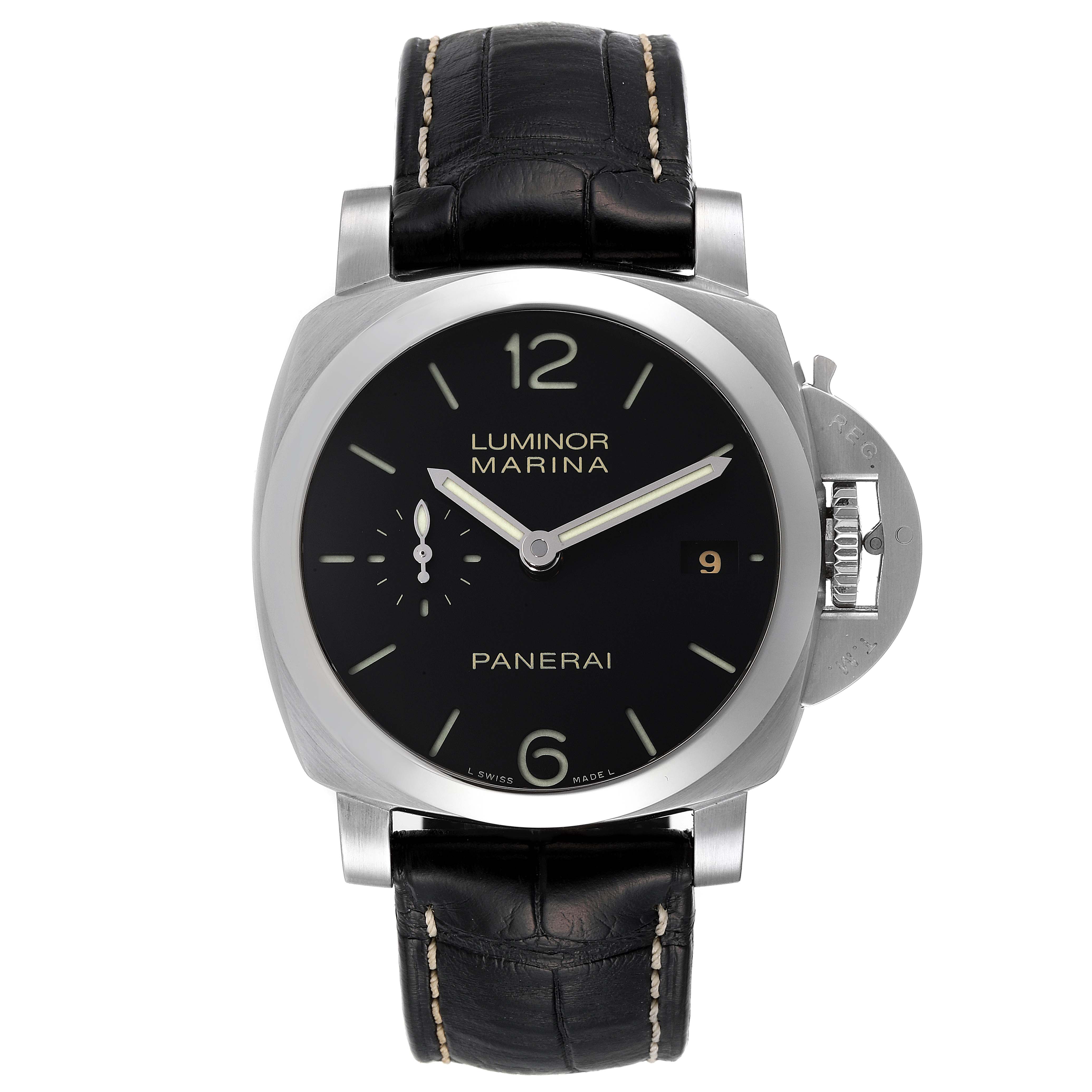 This image shows a frontal view of the Panerai Luminor PAM00392 Men
s Stainless Steel Black Dial PAM00392 Men
s Stainless Steel Black Dial watch, highlighting its black dial, leather strap, and crown guard.