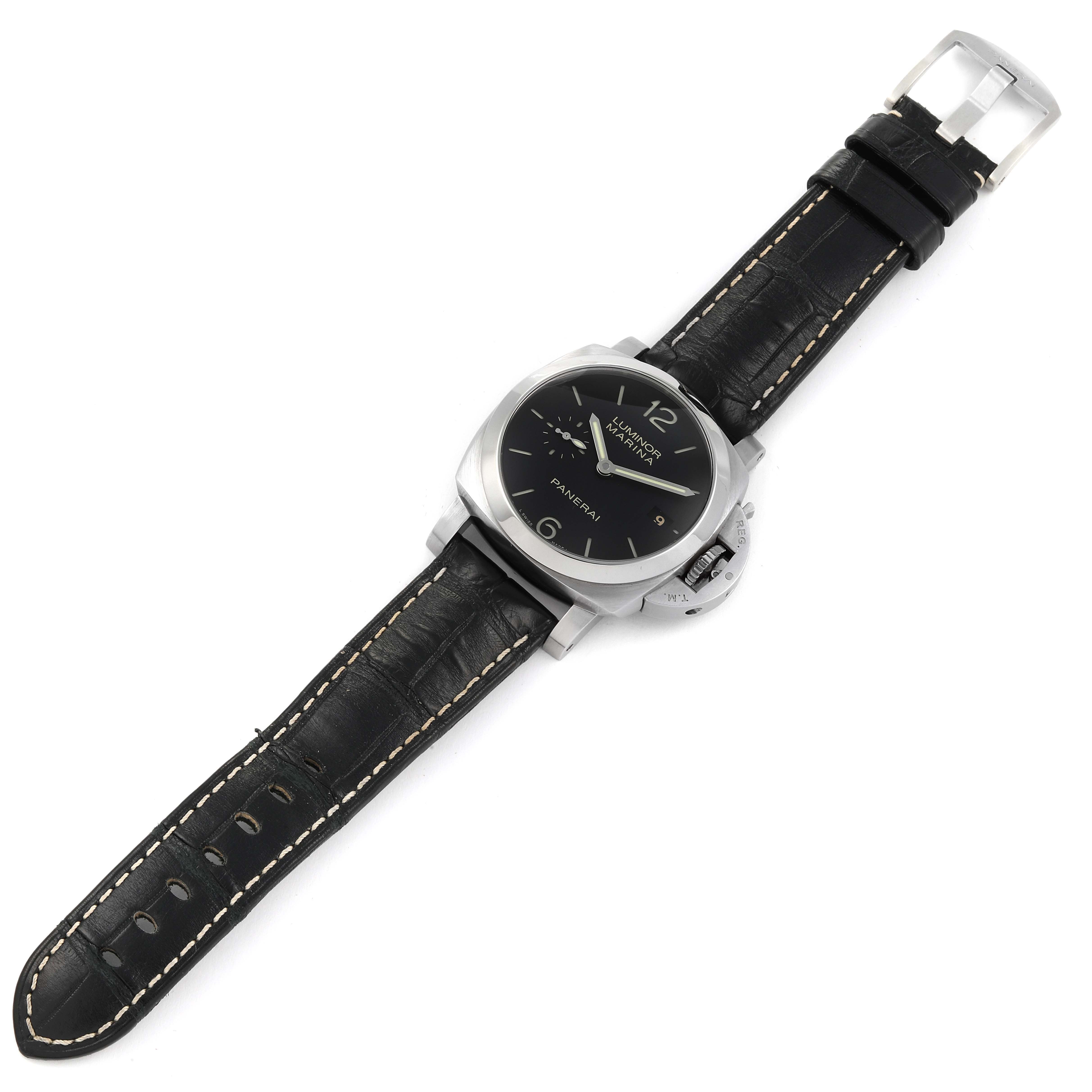 This is a top-down view of a Panerai Luminor PAM00392 Men
s Stainless Steel Black Dial PAM00392 Men
s Stainless Steel Black Dial watch, showing the watch face, case, and leather strap.