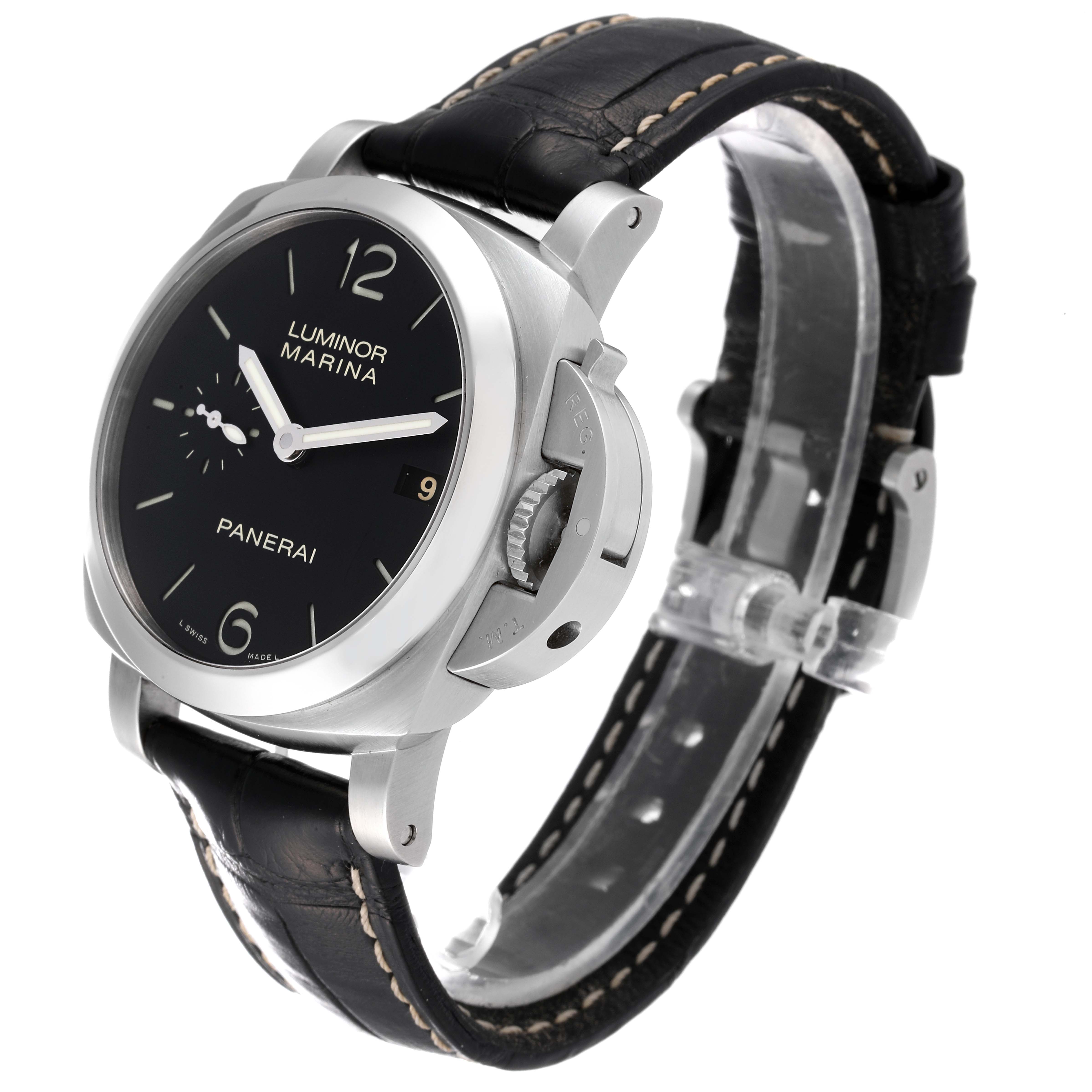 The image shows a side angle of the Luminor model watch by Panerai, highlighting the case, crown guard, and black leather strap.