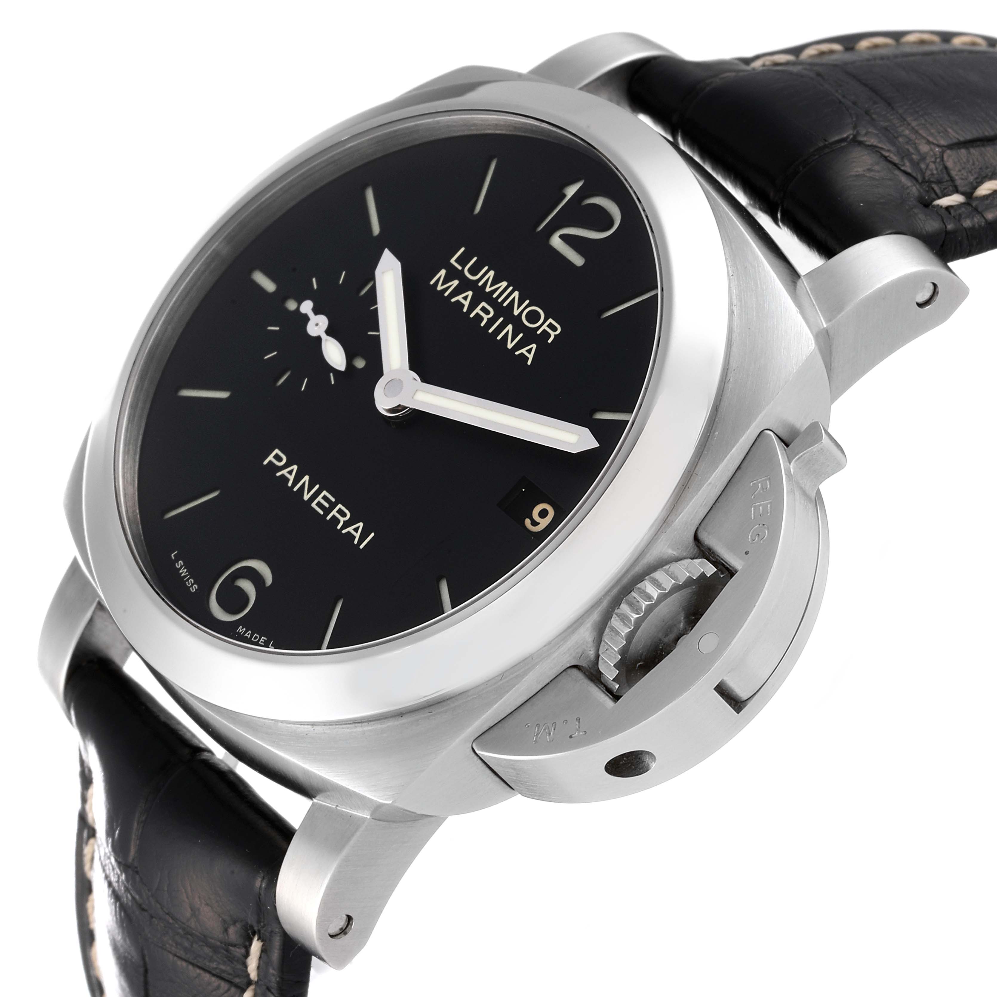 The image shows a Luminor model by Panerai from an angled side view highlighting the face, crown guard, and part of the strap.