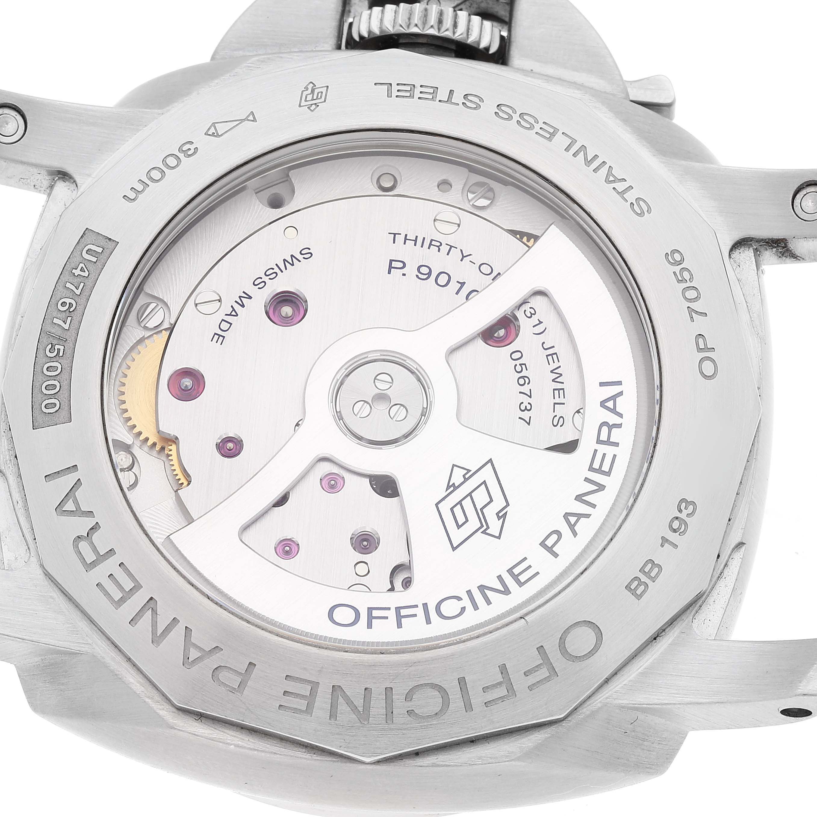 This image shows the back view of a Panerai Luminor PAM01312 Men's Stainless Steel Black Dial PAM01312 Men's Stainless Steel Black Dial watch, highlighting its internal mechanical movement.