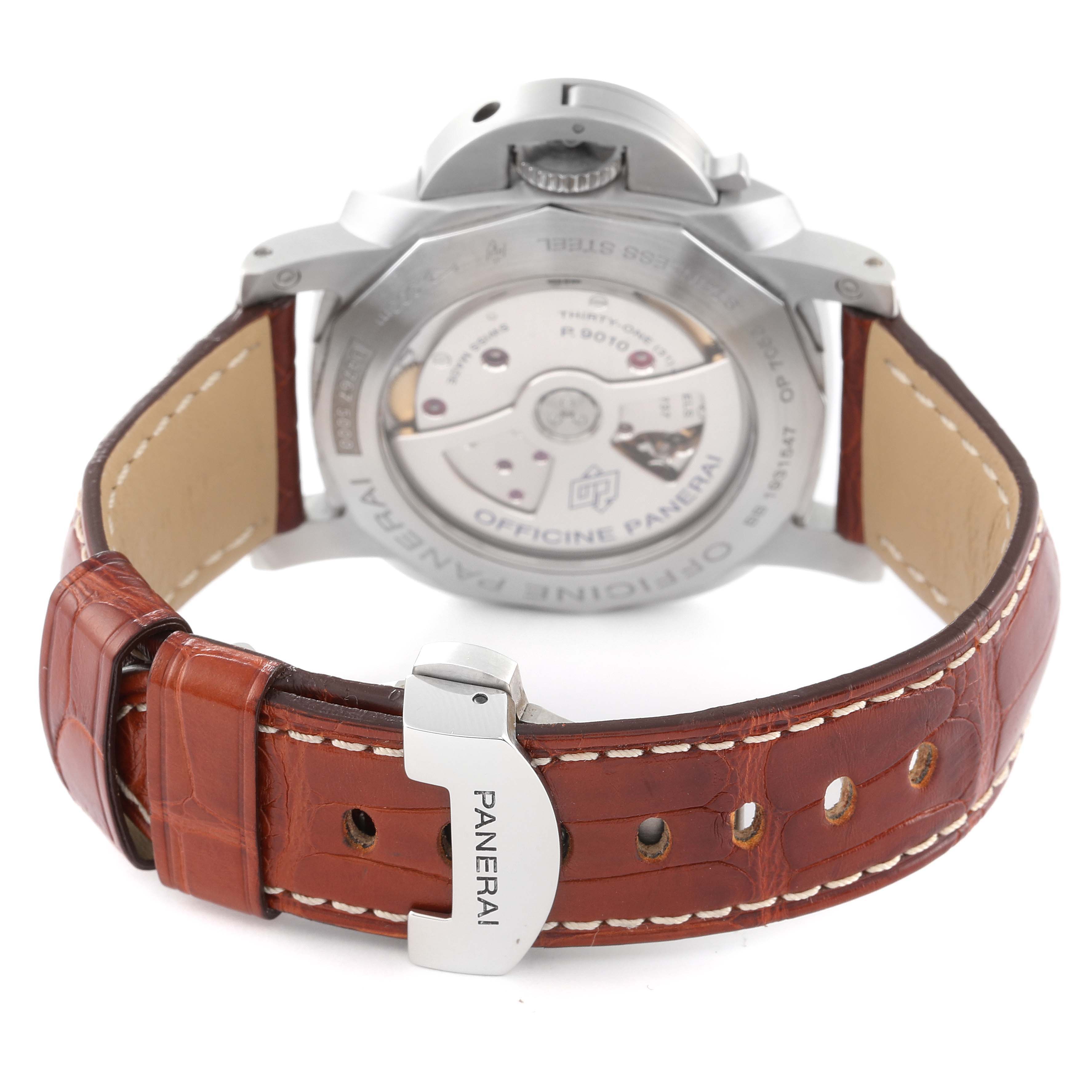 This image shows the back view of a Panerai Luminor PAM01312 Men's Stainless Steel Black Dial PAM01312 Men's Stainless Steel Black Dial watch, highlighting its movement and leather strap.