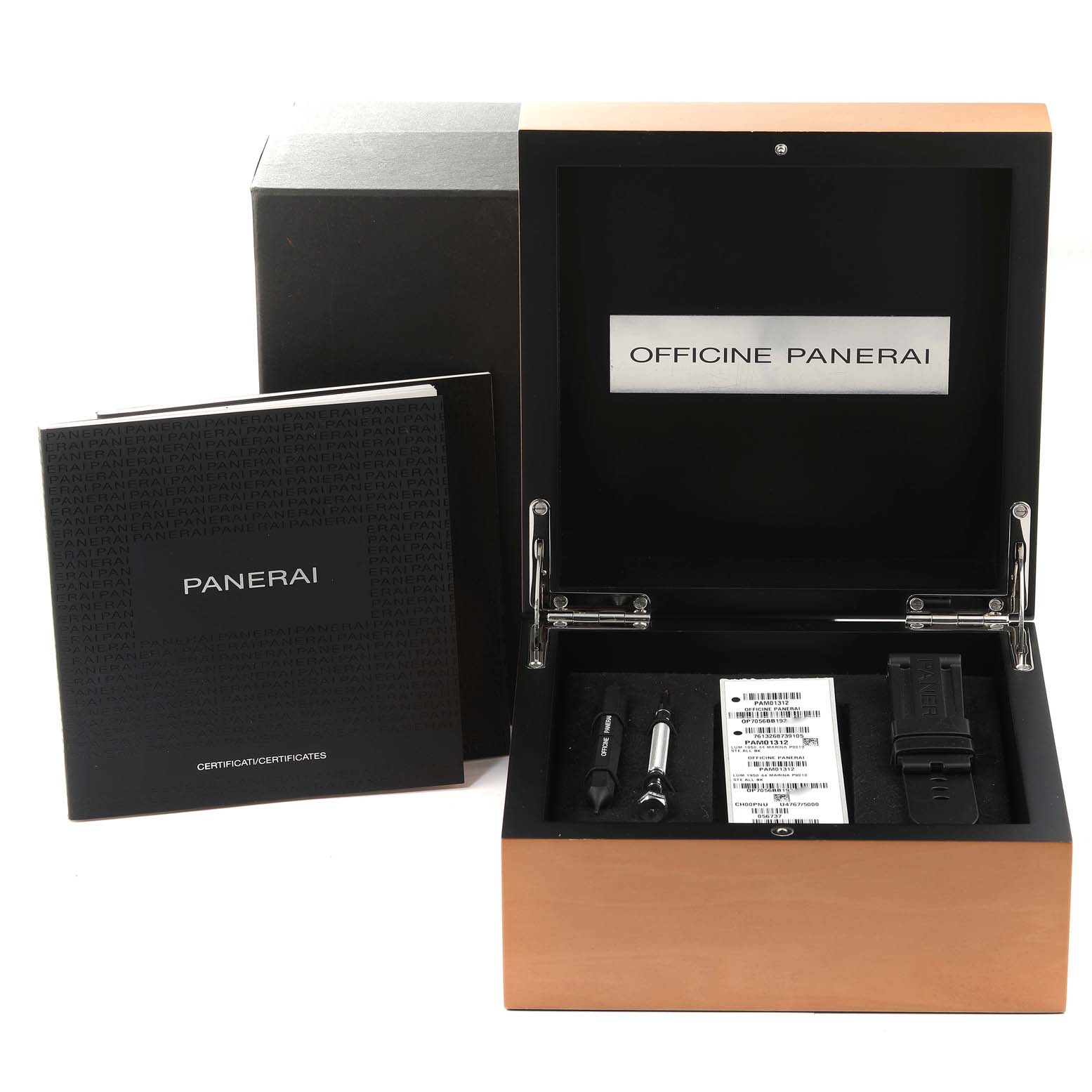 This image shows the open box and accessories of the Panerai Luminor PAM01312 Men's Stainless Steel Black Dial PAM01312 Men's Stainless Steel Black Dial model from a front angle.