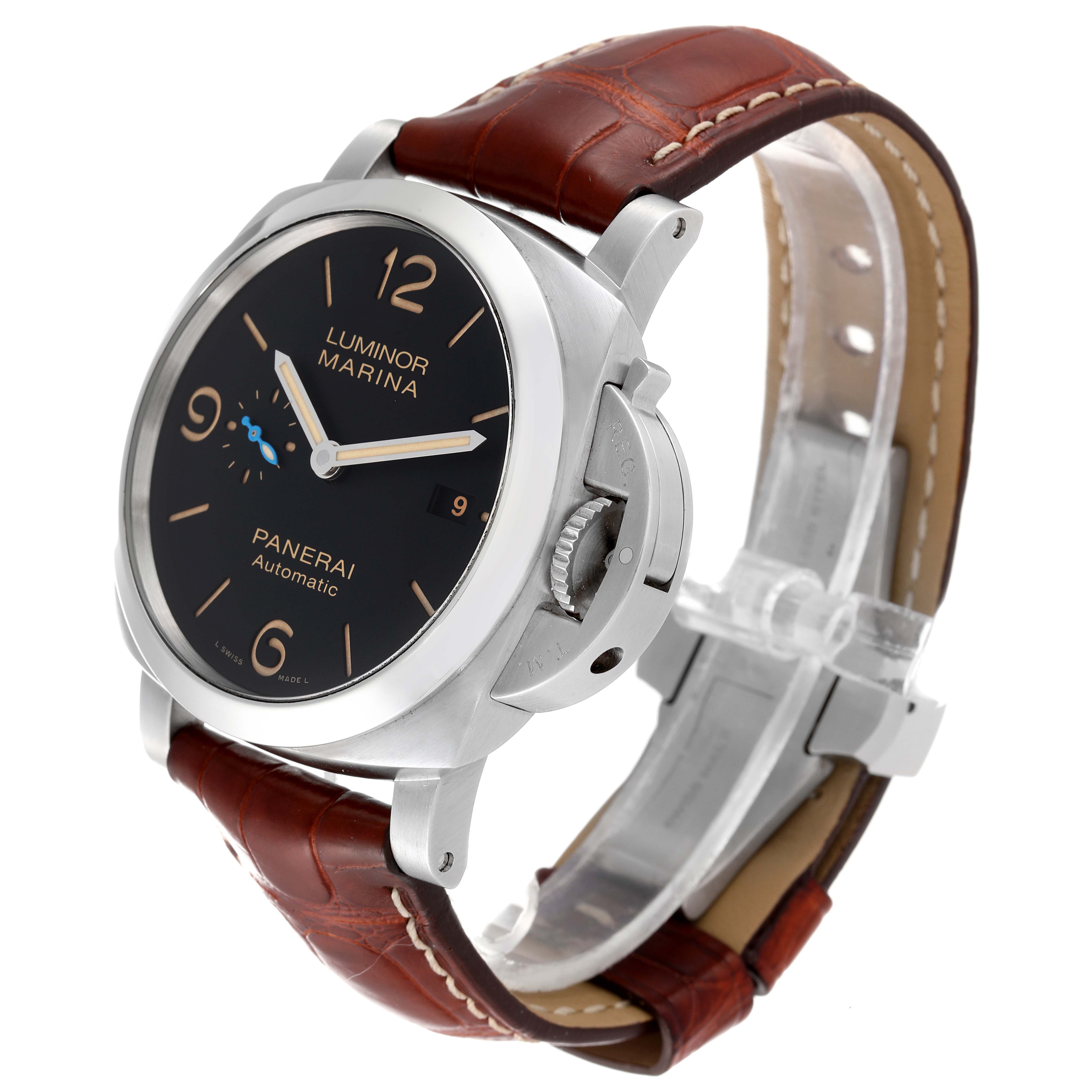 The image shows a side angle view of the Panerai Luminor PAM01312 Men's Stainless Steel Black Dial PAM01312 Men's Stainless Steel Black Dial Marina watch, displaying the face, bezel, case, crown guard, and leather strap.