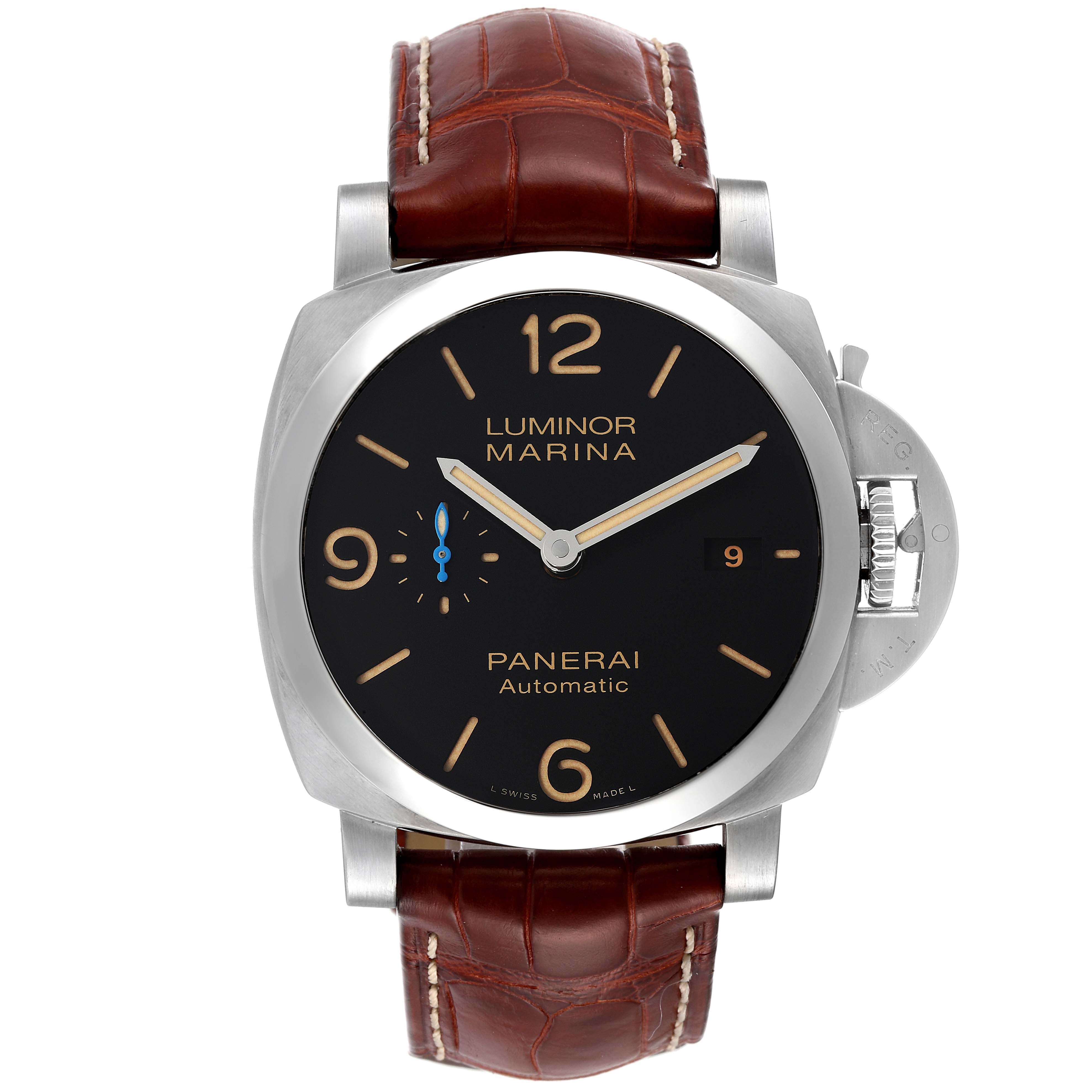 The image shows a front view of the Panerai Luminor PAM01312 Men's Stainless Steel Black Dial PAM01312 Men's Stainless Steel Black Dial Marina watch, displaying its face, crown guard, and brown leather strap.