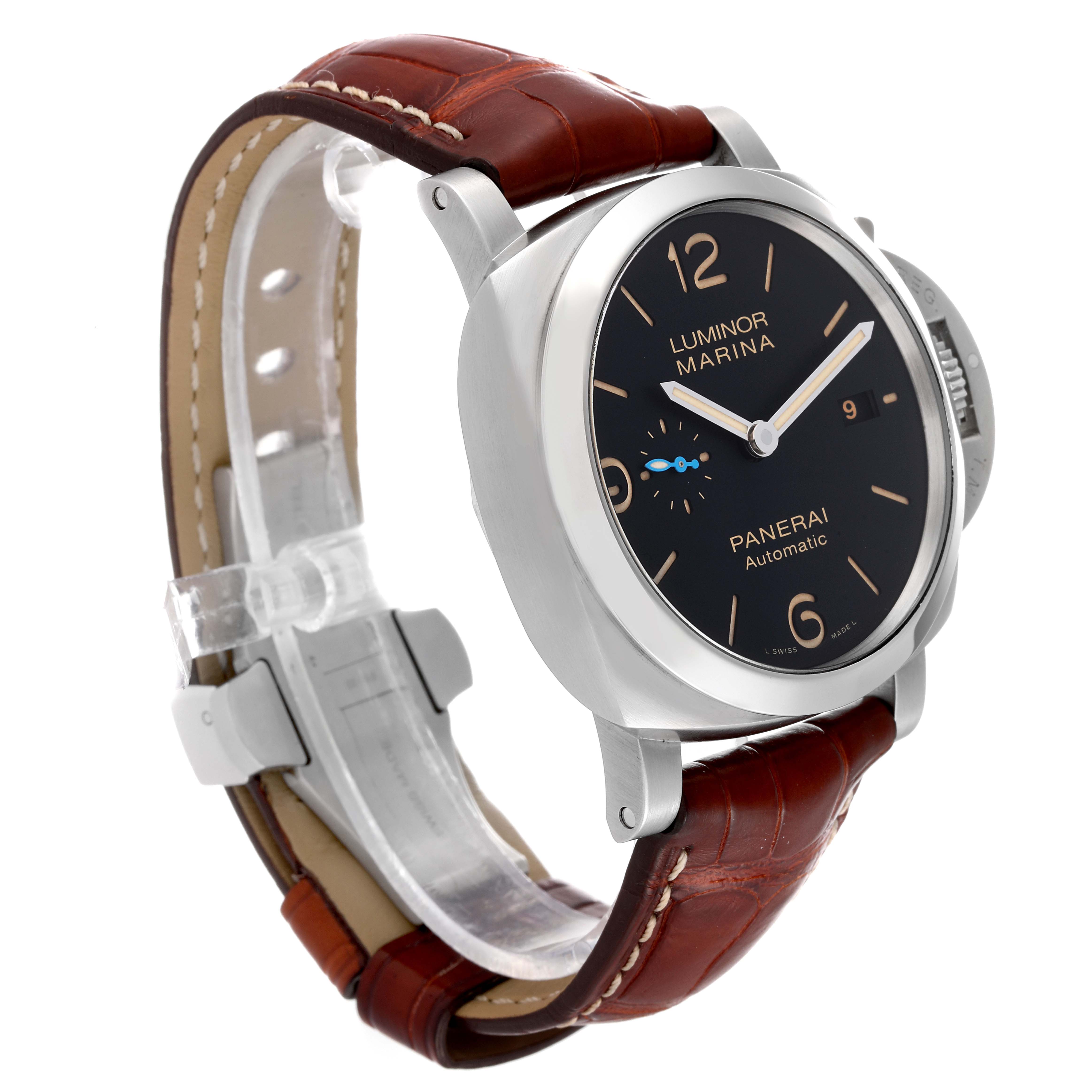 The image shows a side-angle view of a Panerai Luminor PAM01312 Men's Stainless Steel Black Dial PAM01312 Men's Stainless Steel Black Dial watch with a brown leather strap.