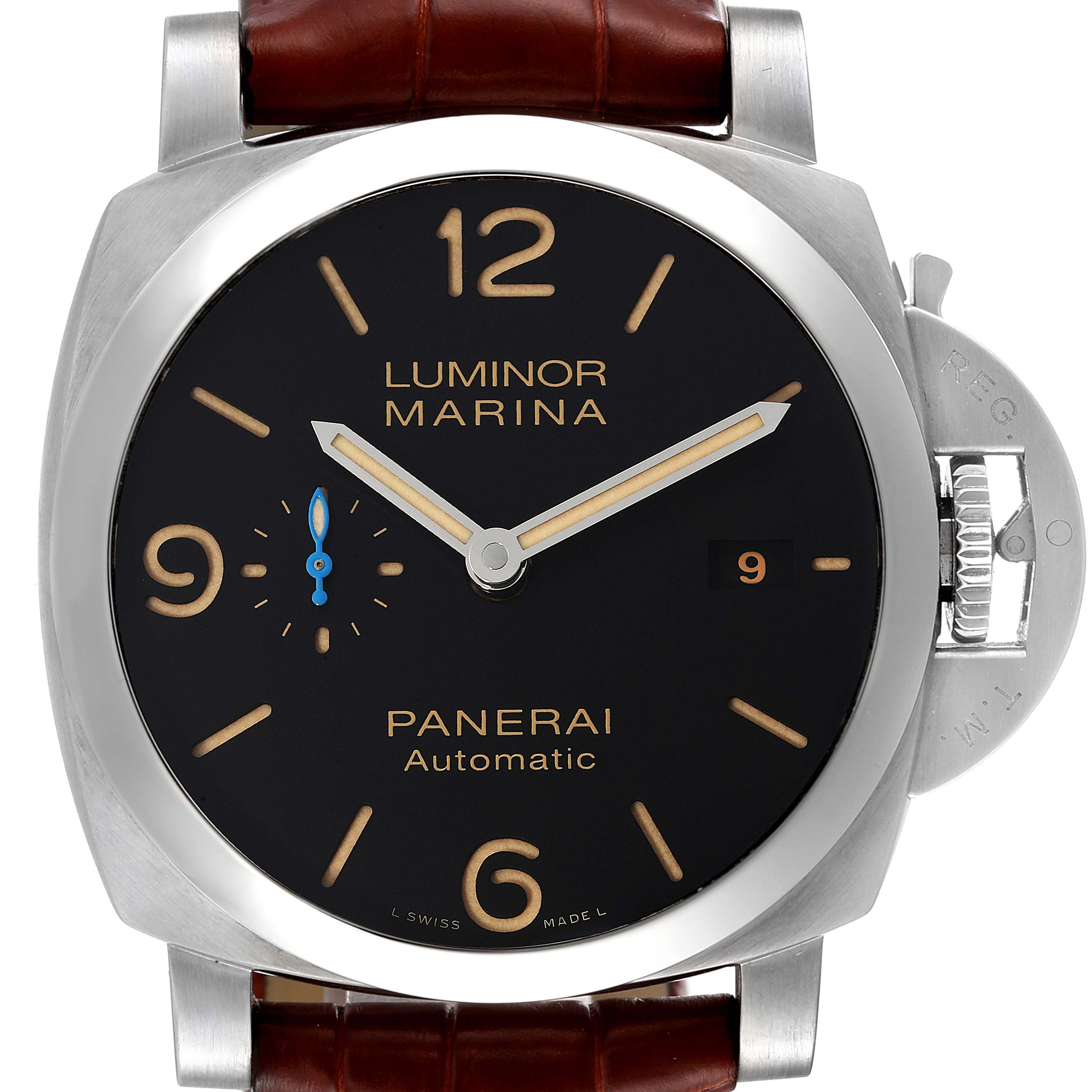 This is a front view of a Panerai Luminor PAM01312 Men's Stainless Steel Black Dial PAM01312 Men's Stainless Steel Black Dial model, showing the dial, crown guard, and leather strap.