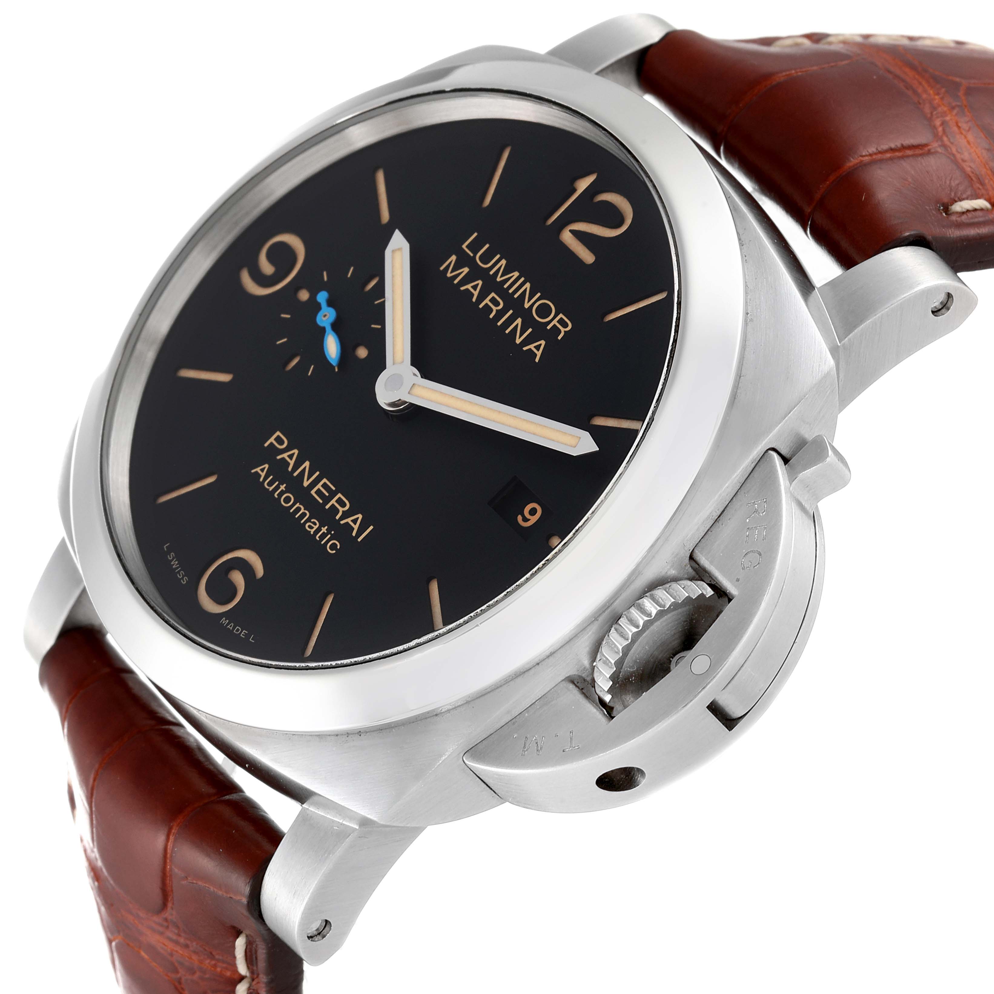 The image shows a side view of a Panerai Luminor PAM01312 Men's Stainless Steel Black Dial PAM01312 Men's Stainless Steel Black Dial Marina watch, highlighting the dial, crown guard, and leather strap.