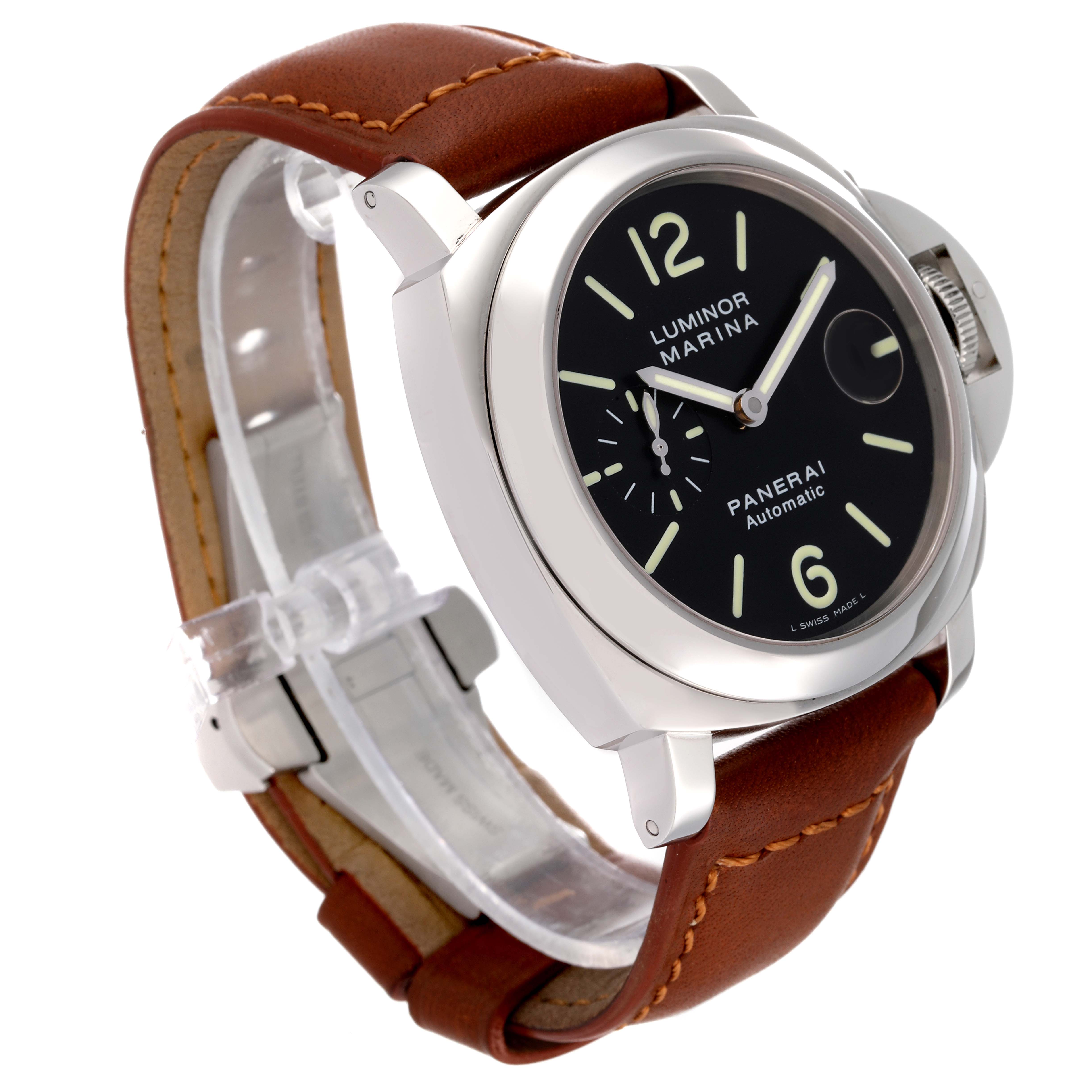 The image shows a Panerai Luminor PAM00104 Men
s Stainless Steel Black Dial PAM00104 Men
s Stainless Steel Black Dial model watch at a 3/4 angle, highlighting the face, case, crown, and brown leather strap.