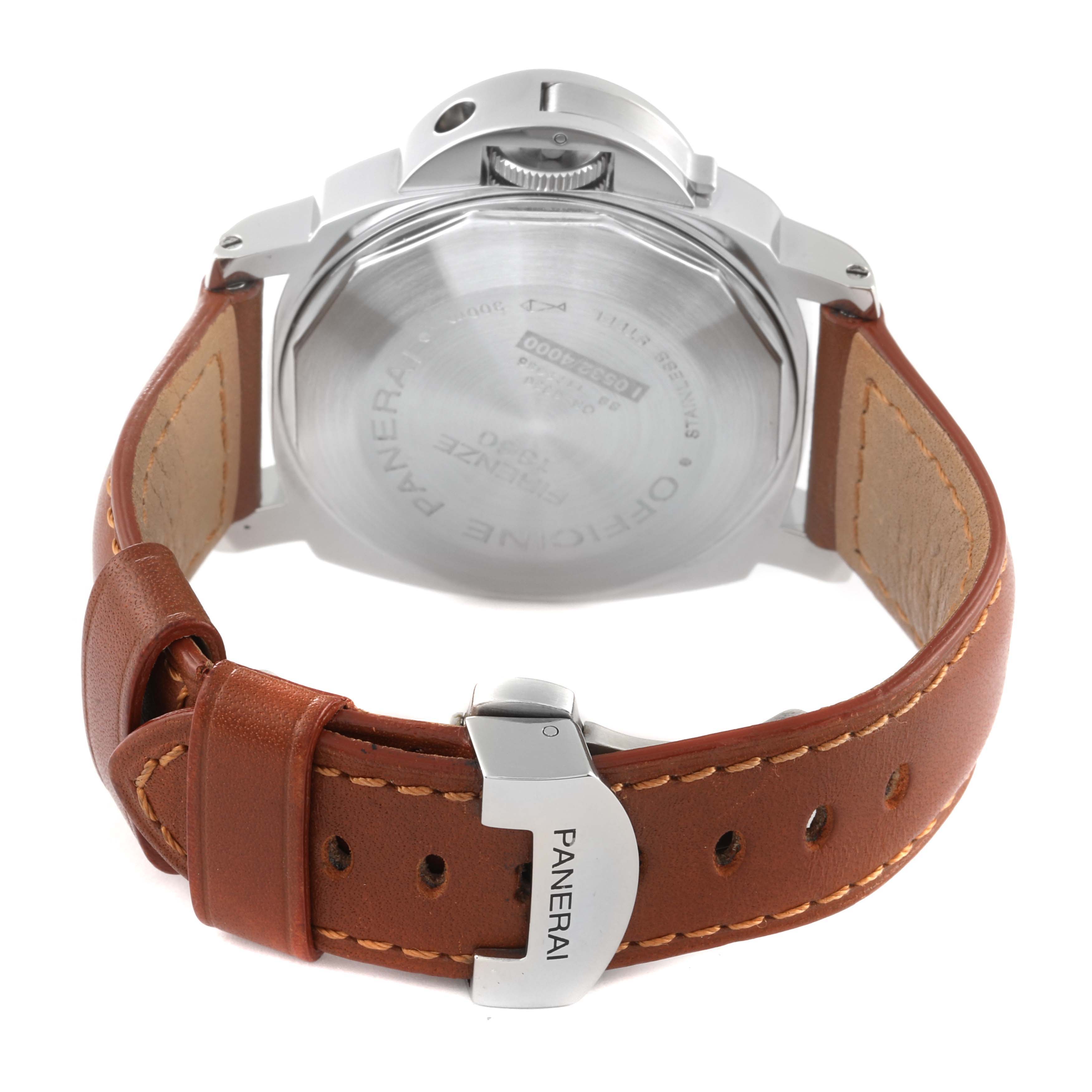 This image shows the back case and brown leather strap of the Panerai Luminor PAM00104 Men
s Stainless Steel Black Dial PAM00104 Men
s Stainless Steel Black Dial watch.