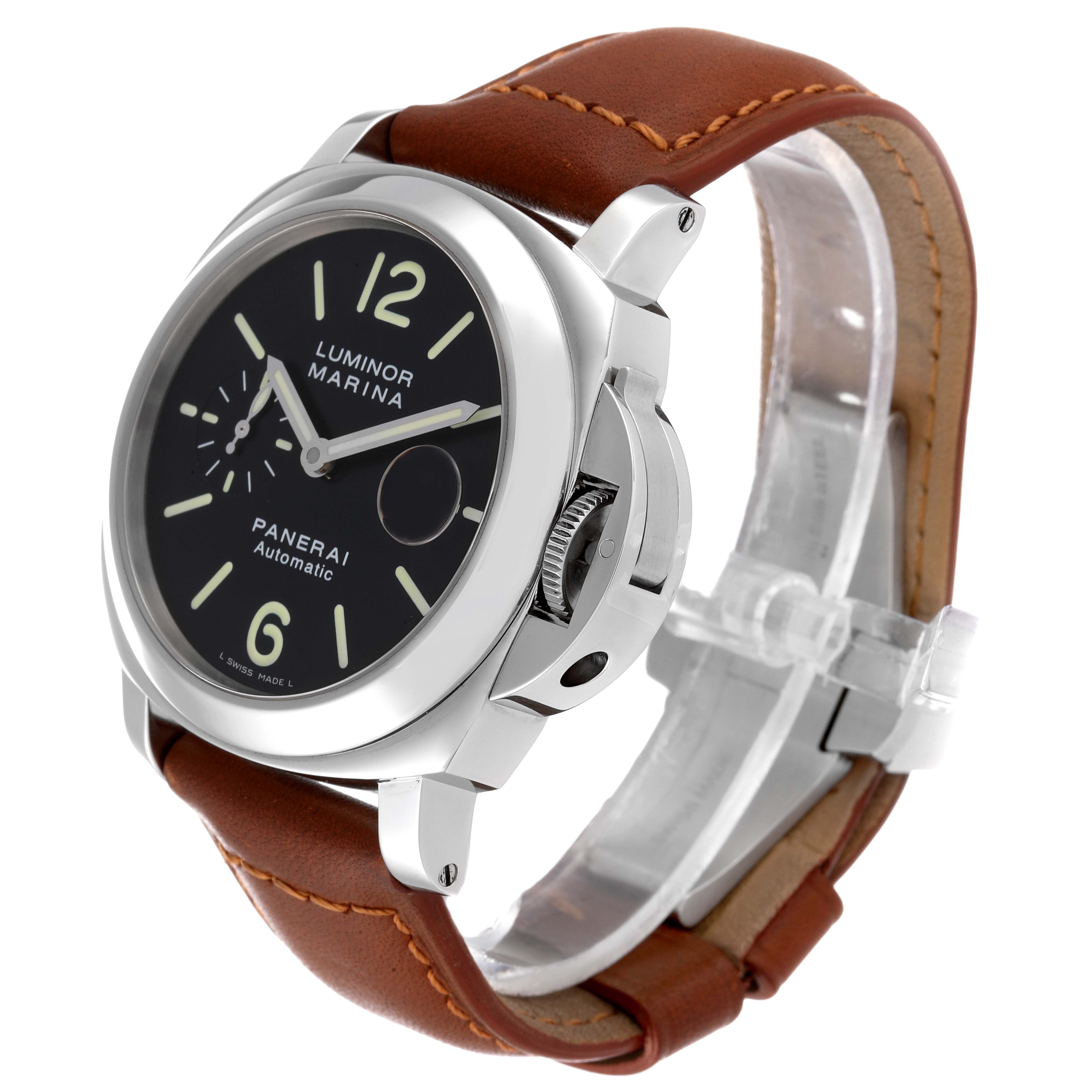 The Panerai Luminor PAM00104 Men
s Stainless Steel Black Dial PAM00104 Men
s Stainless Steel Black Dial watch is shown from an angled front view, displaying the dial, case, crown guard, and brown leather strap.