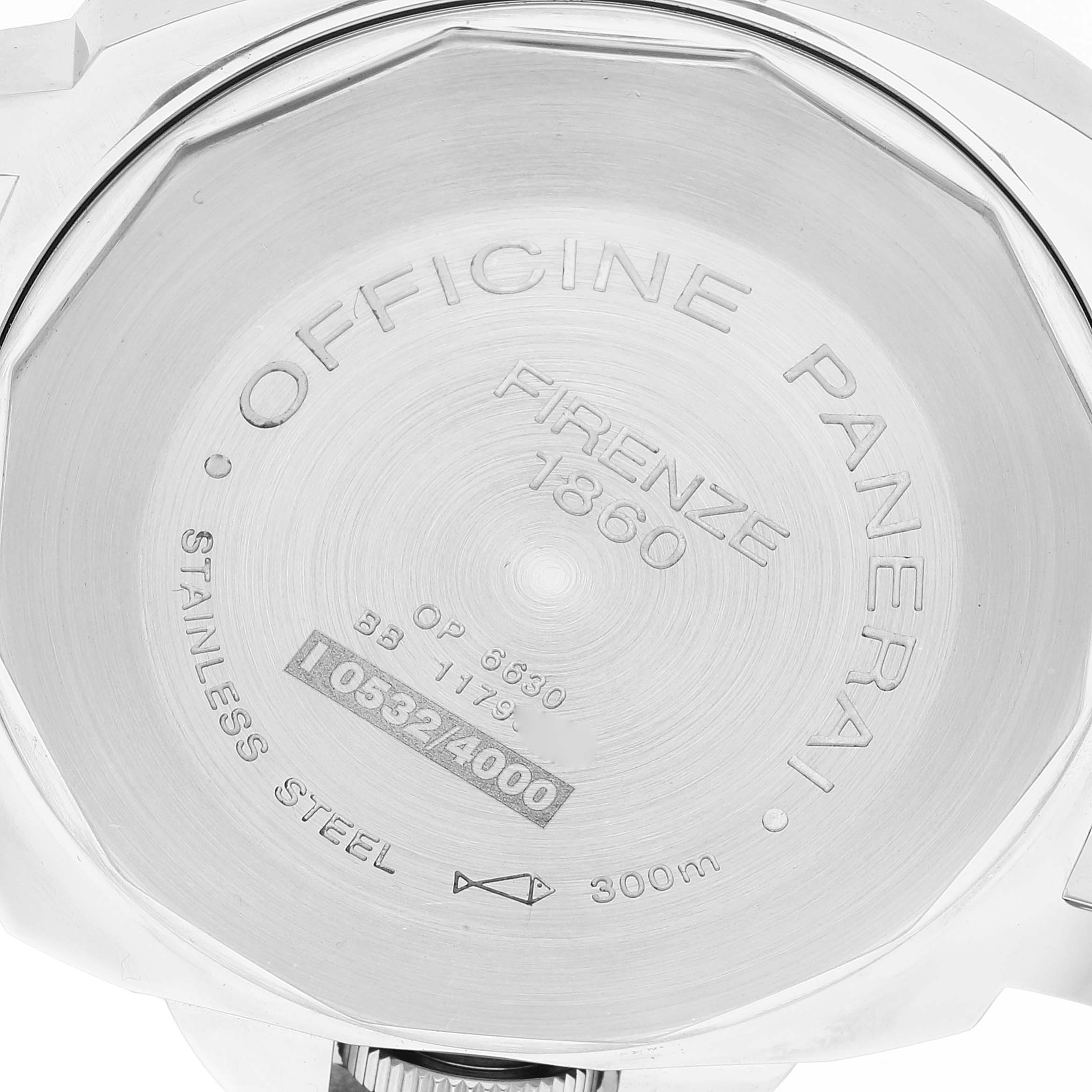 The image shows the back case of a Panerai Luminor PAM00104 Men
s Stainless Steel Black Dial PAM00104 Men
s Stainless Steel Black Dial watch, displaying engravings and serial numbers.