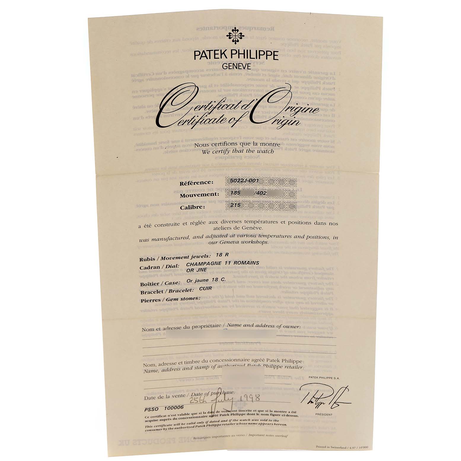 The image shows the Certificate of Origin for a Patek Philippe Calatrava, model number 5022J-001, with no angle of the watch or its accessories displayed.