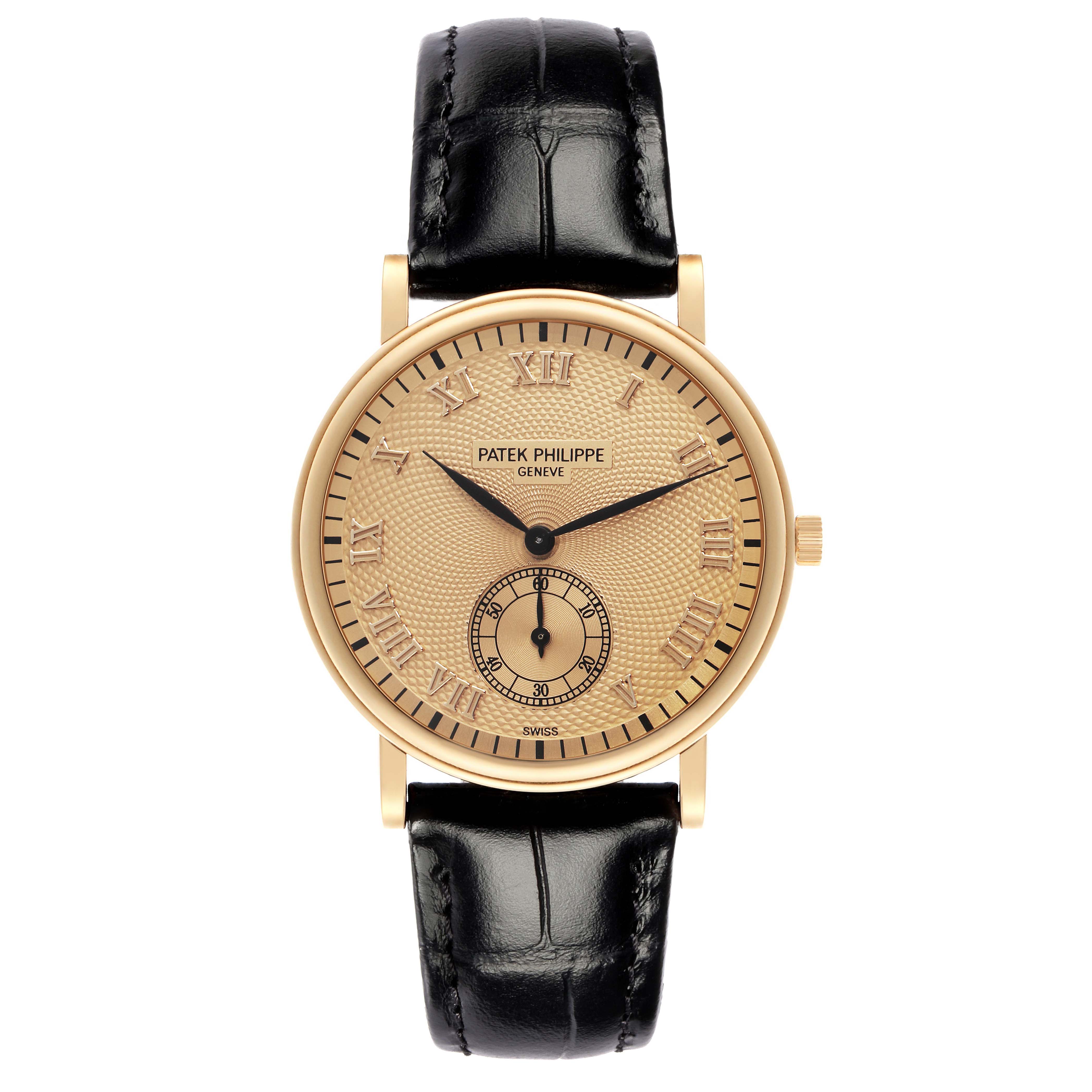 The Patek Philippe Calatrava 5022J-001 watch is shown from the front, highlighting its dial, Roman numerals, subdial, and black leather strap.