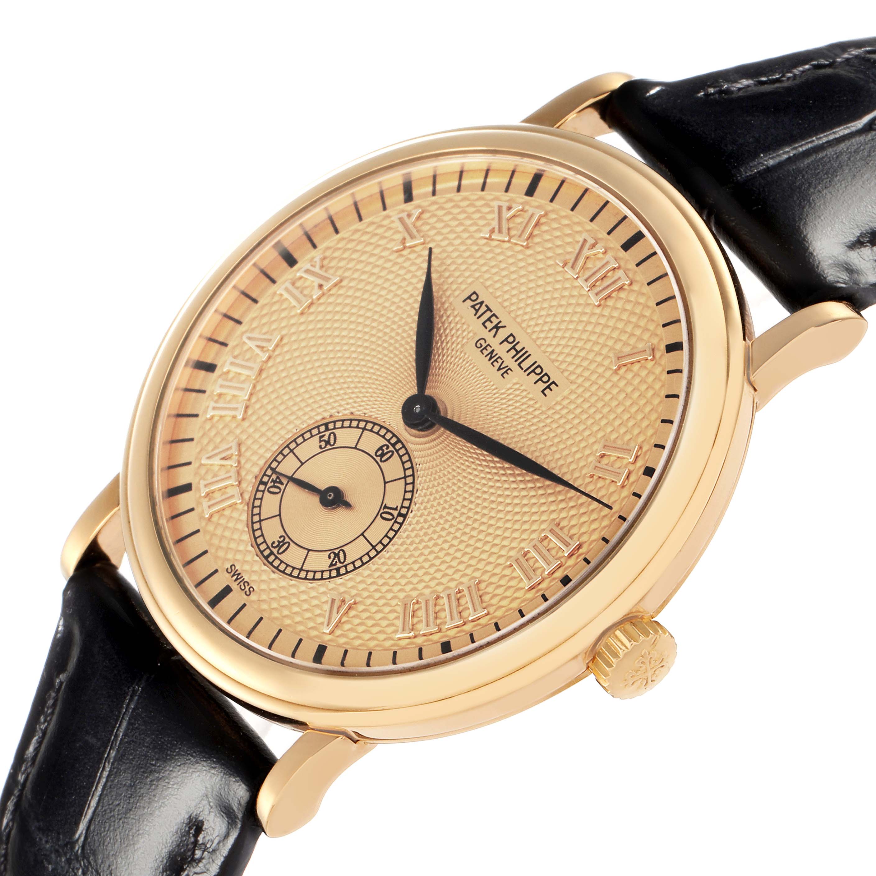 The image shows a Patek Philippe Calatrava model 5022J-001 men's watch at a slight angle, highlighting the gold case, Roman numeral dial, and black leather strap.