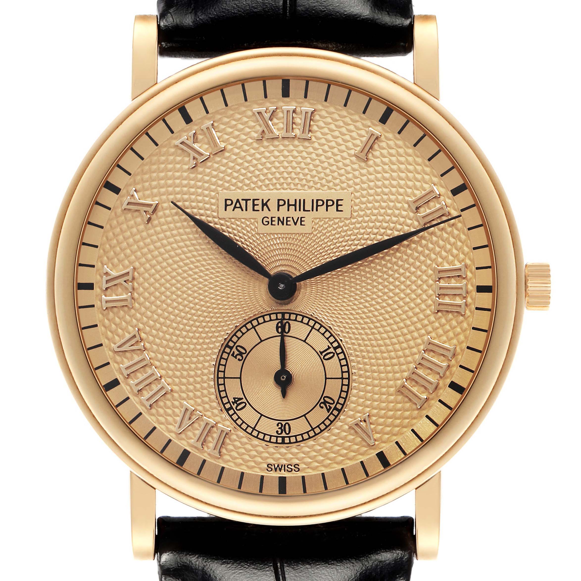 The Patek Philippe Calatrava model 5022J-001 watch is shown from a front angle, displaying its gold dial, Roman numerals, sub-dial, and black leather strap.