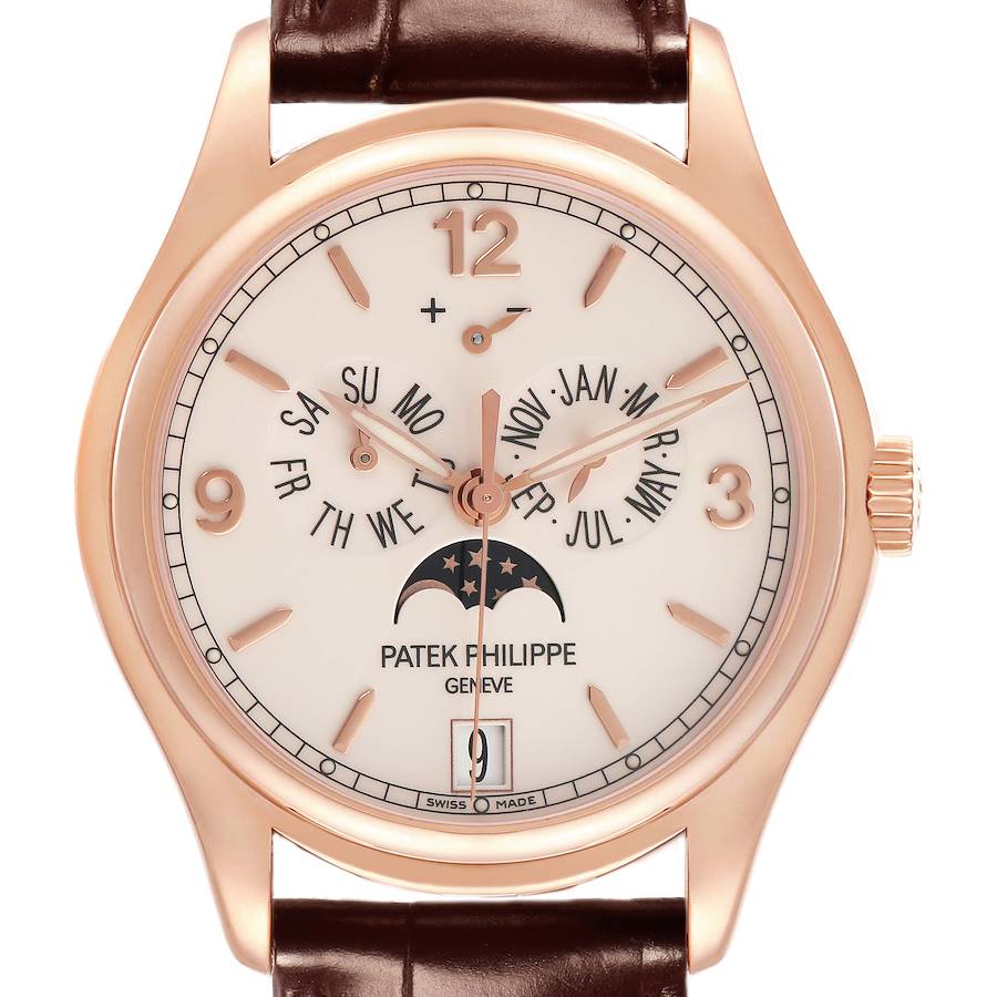 The Patek Philippe Complications 5146R men's watch is shown from the front, displaying the dial with its calendar functions and moon phase, along with the leather strap.