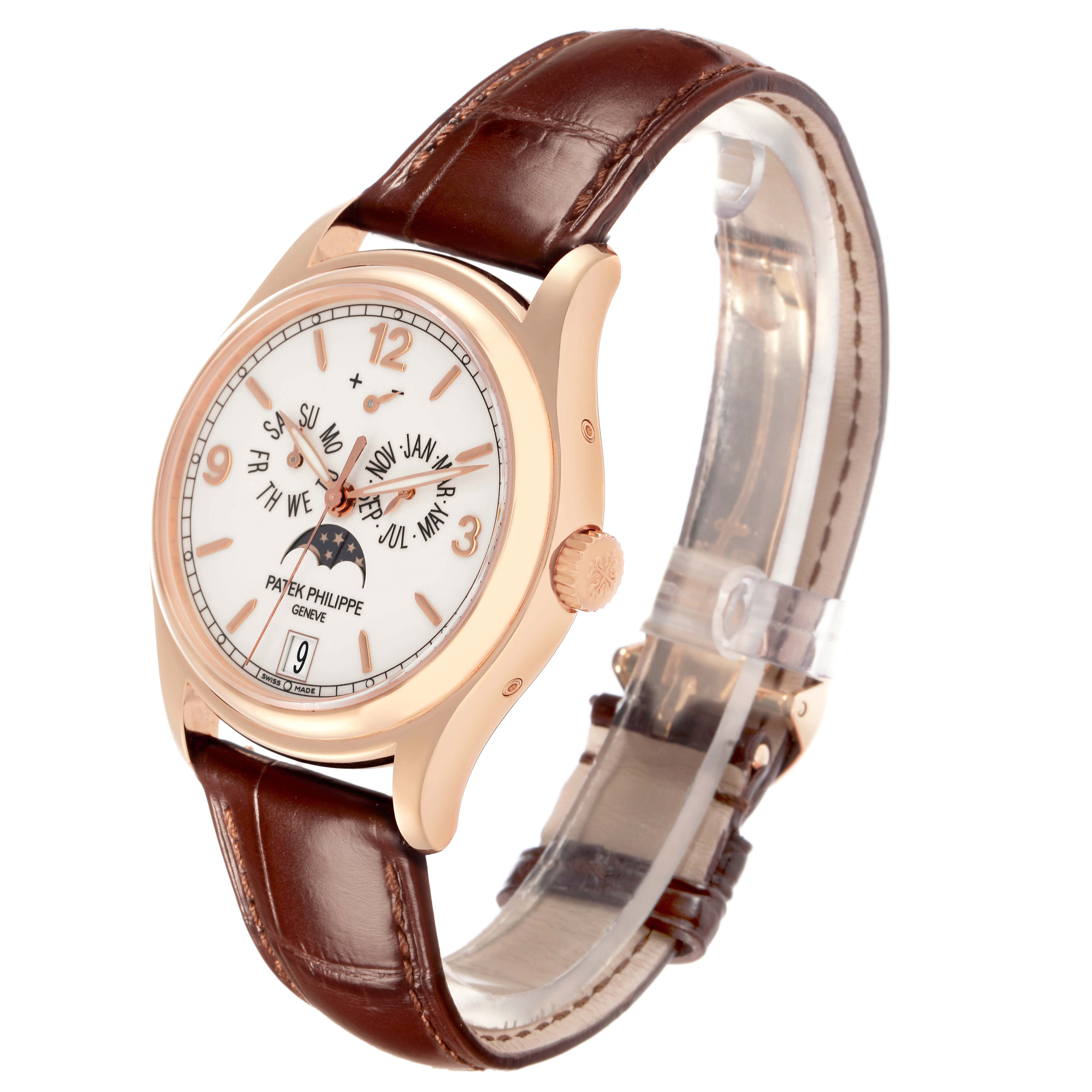 The Patek Philippe Complications 5146R men's watch is shown at an angle highlighting the face, crown, and leather strap.