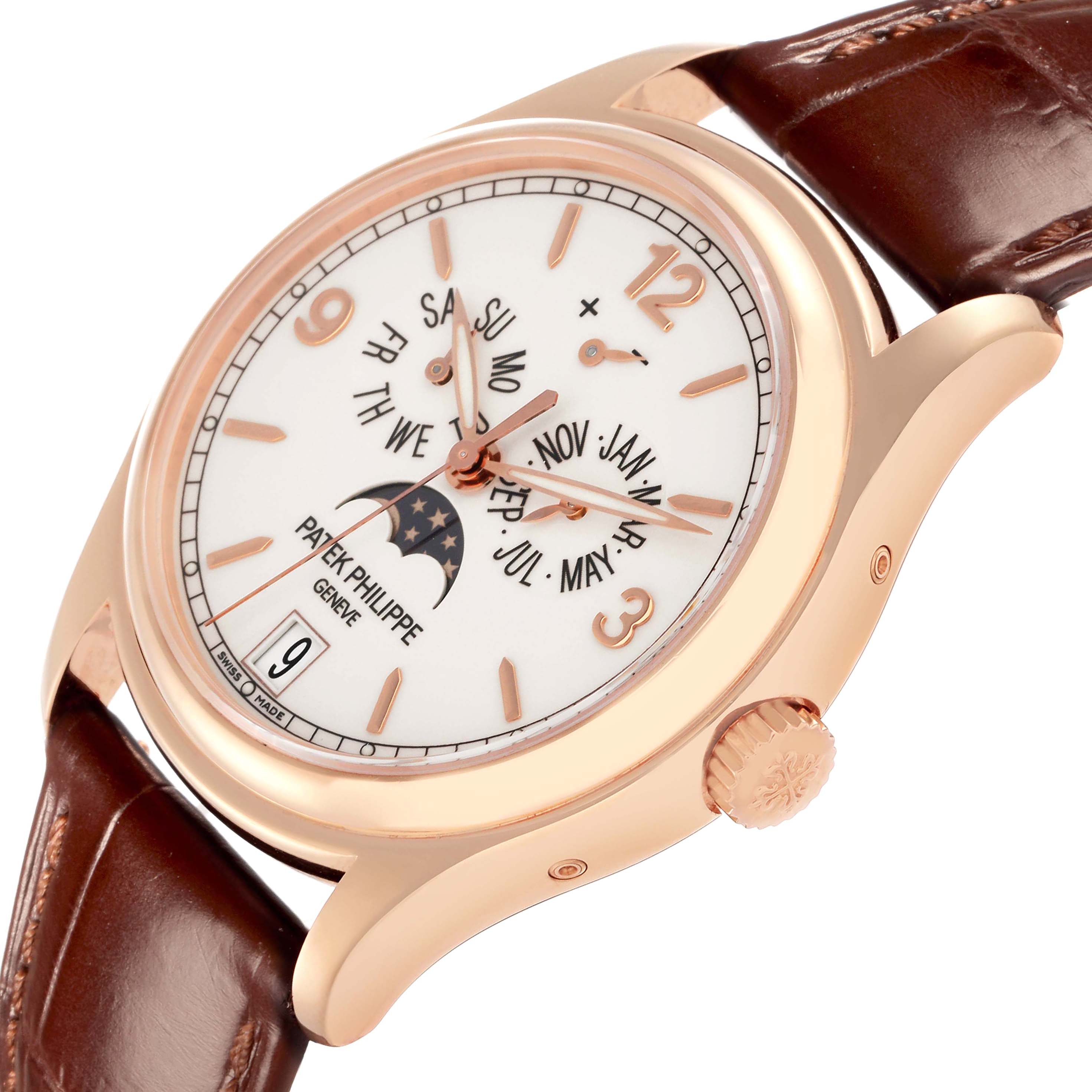 The image shows a Patek Philippe Complications model 5146R watch at an angled side view, highlighting the brown leather strap, crown, and intricate dial details.