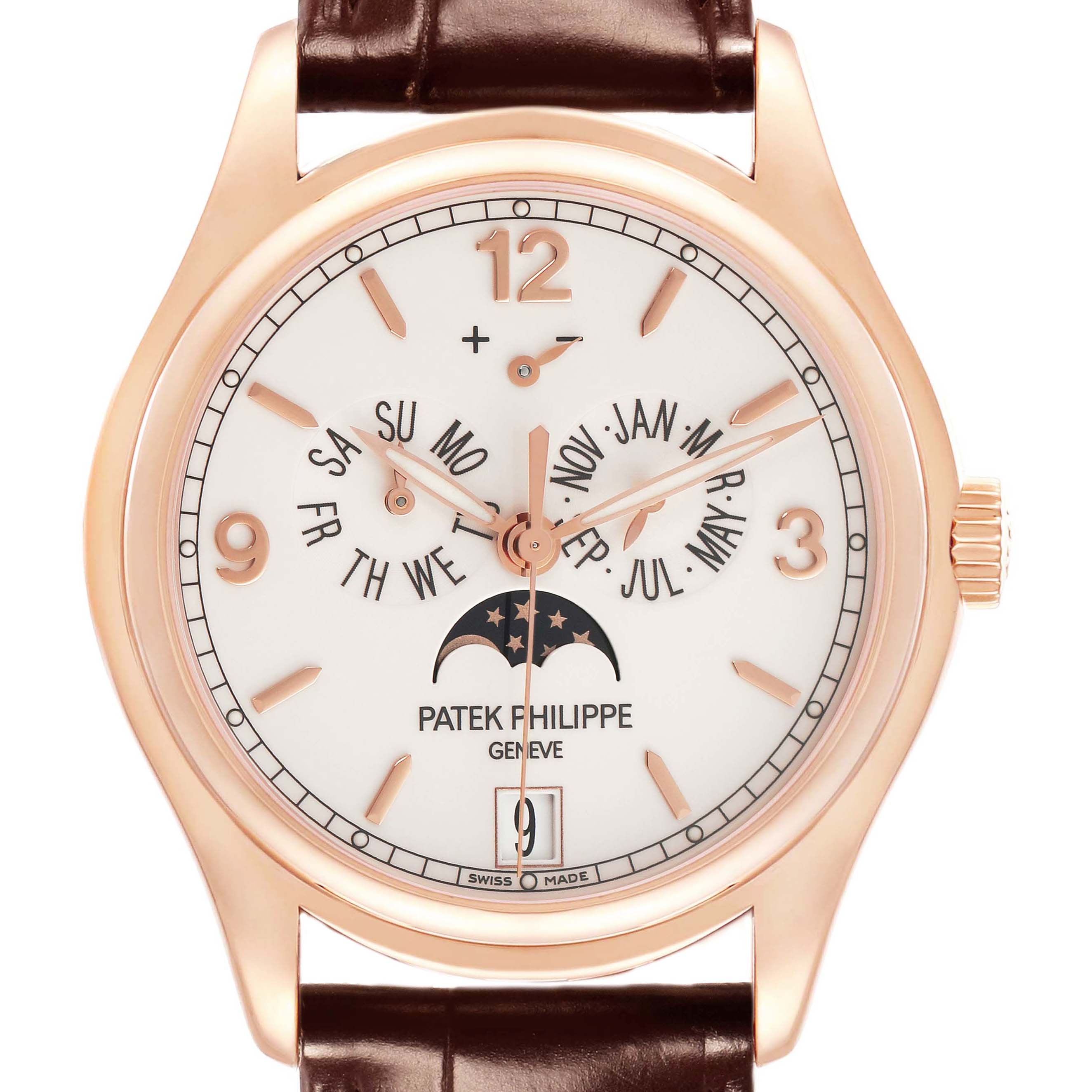The Patek Philippe Complications model 5146R watch is shown from a front angle, displaying its dial, rose gold case, brown leather strap, and moon phase feature.
