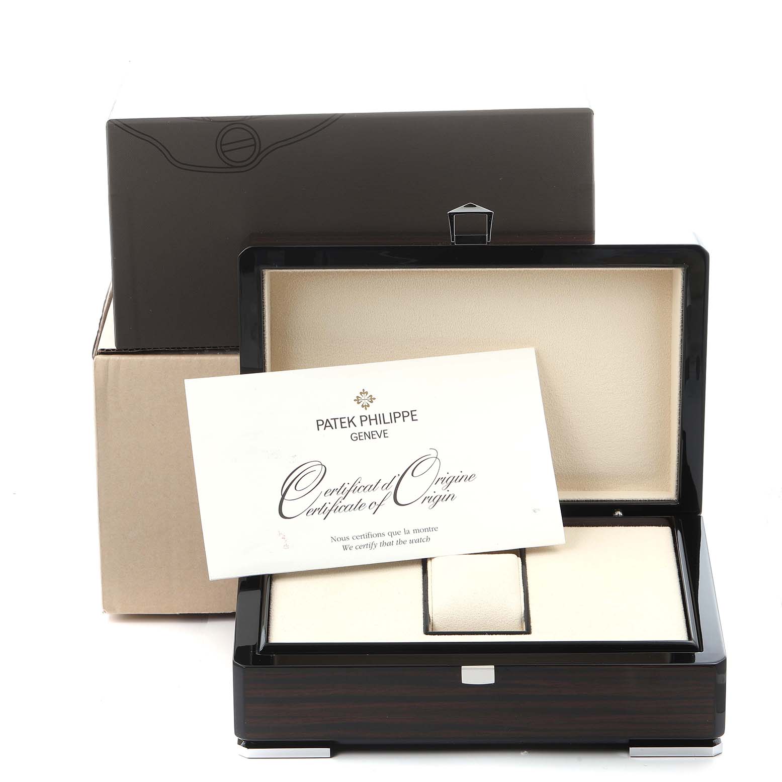 The image shows the Patek Philippe Complications model 5146R watch box, open, with a Certificate of Origin partially inside.