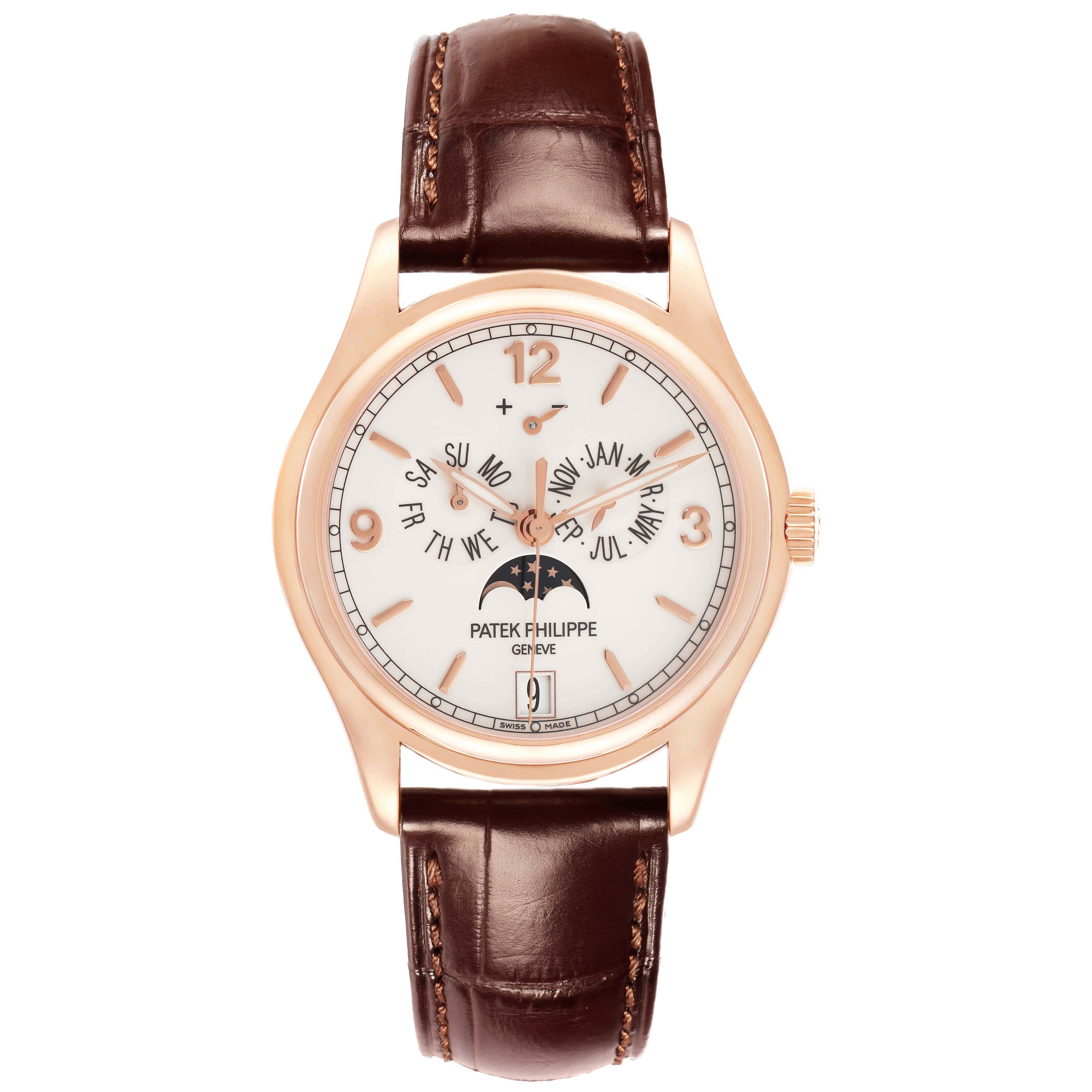 The image shows a front view of a Patek Philippe Complications model 5146R men’s watch, highlighting its dial, hands, indices, moon phase, and leather strap.