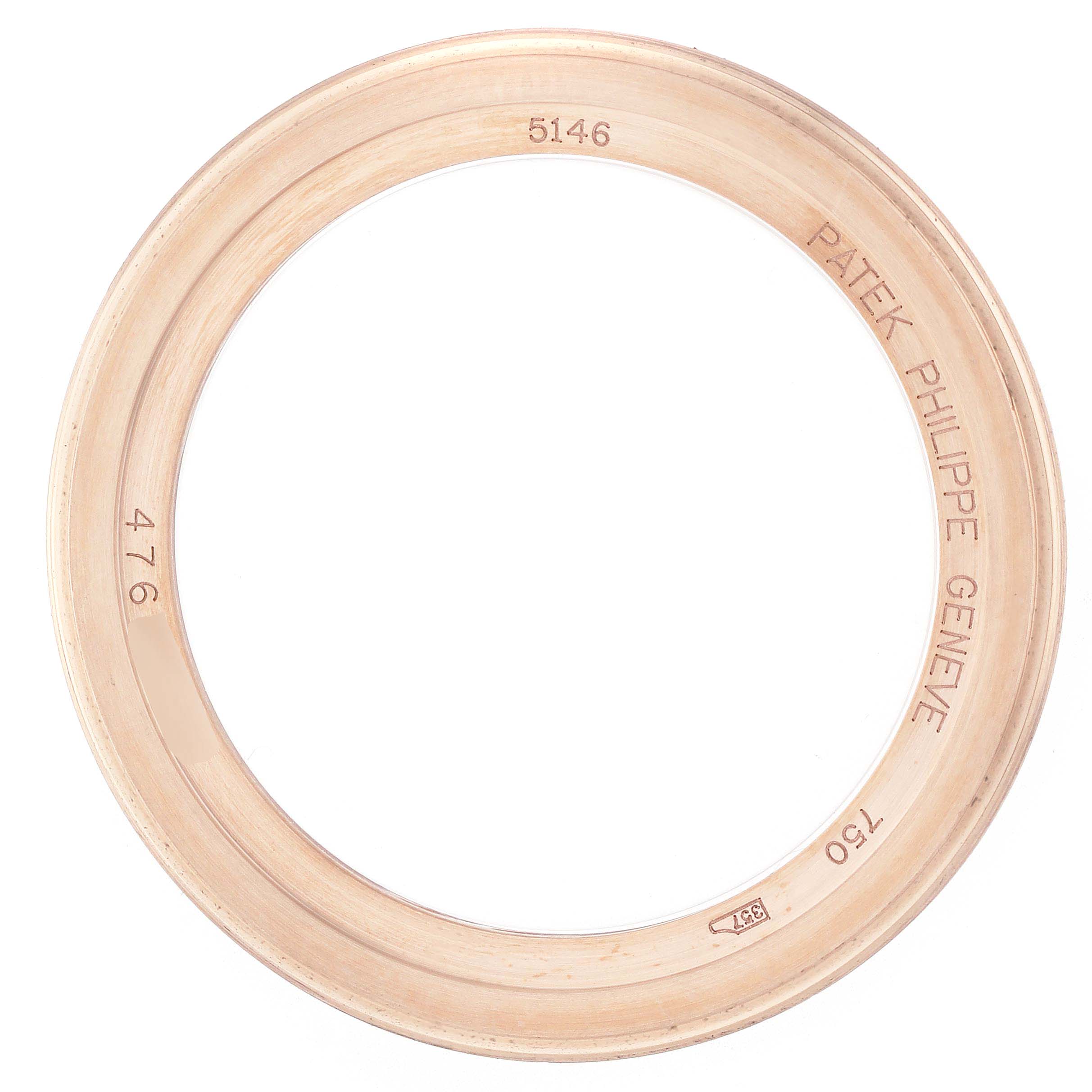 The image shows the gold bezel of a Patek Philippe Complications model, model number 5146R, from a top-down angle.