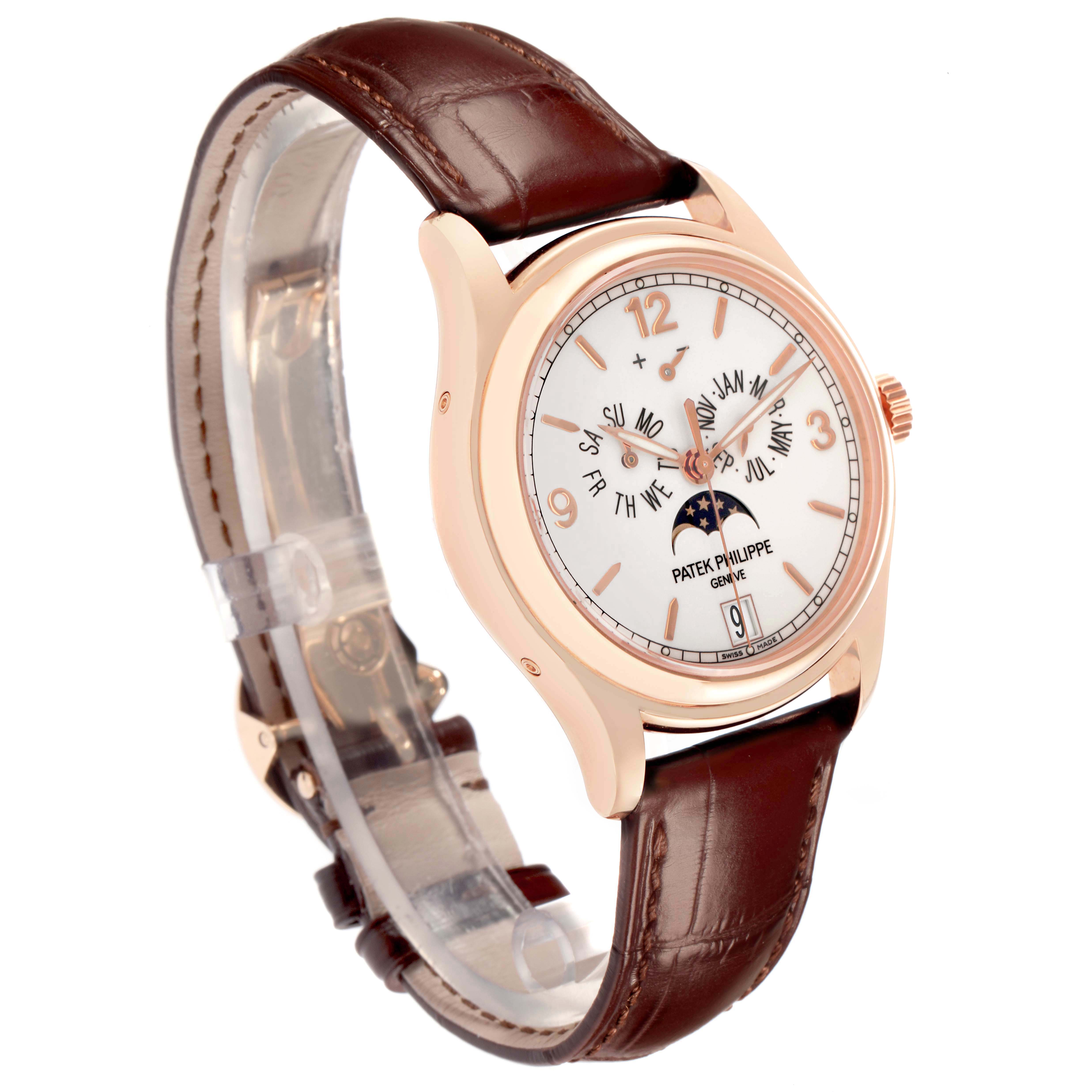 The Patek Philippe Complications model 5146R is shown at a three-quarter angle, highlighting the face, case, and a portion of the leather strap.