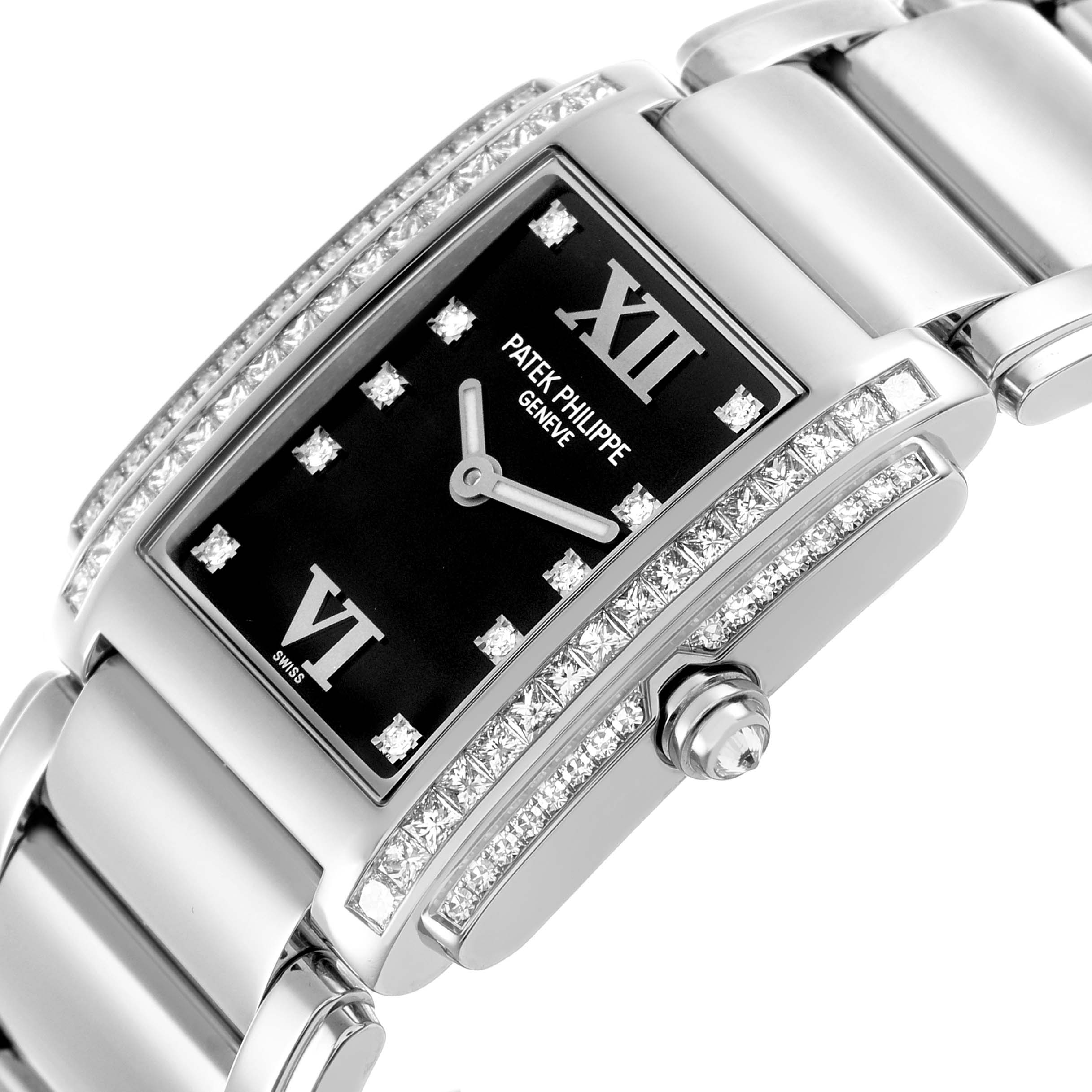 The image shows a close-up angle of the Patek Philippe Twenty-4 4910/20G-001 Women's White Gold Black Dial watch, highlighting its face, crown, and diamond accents.