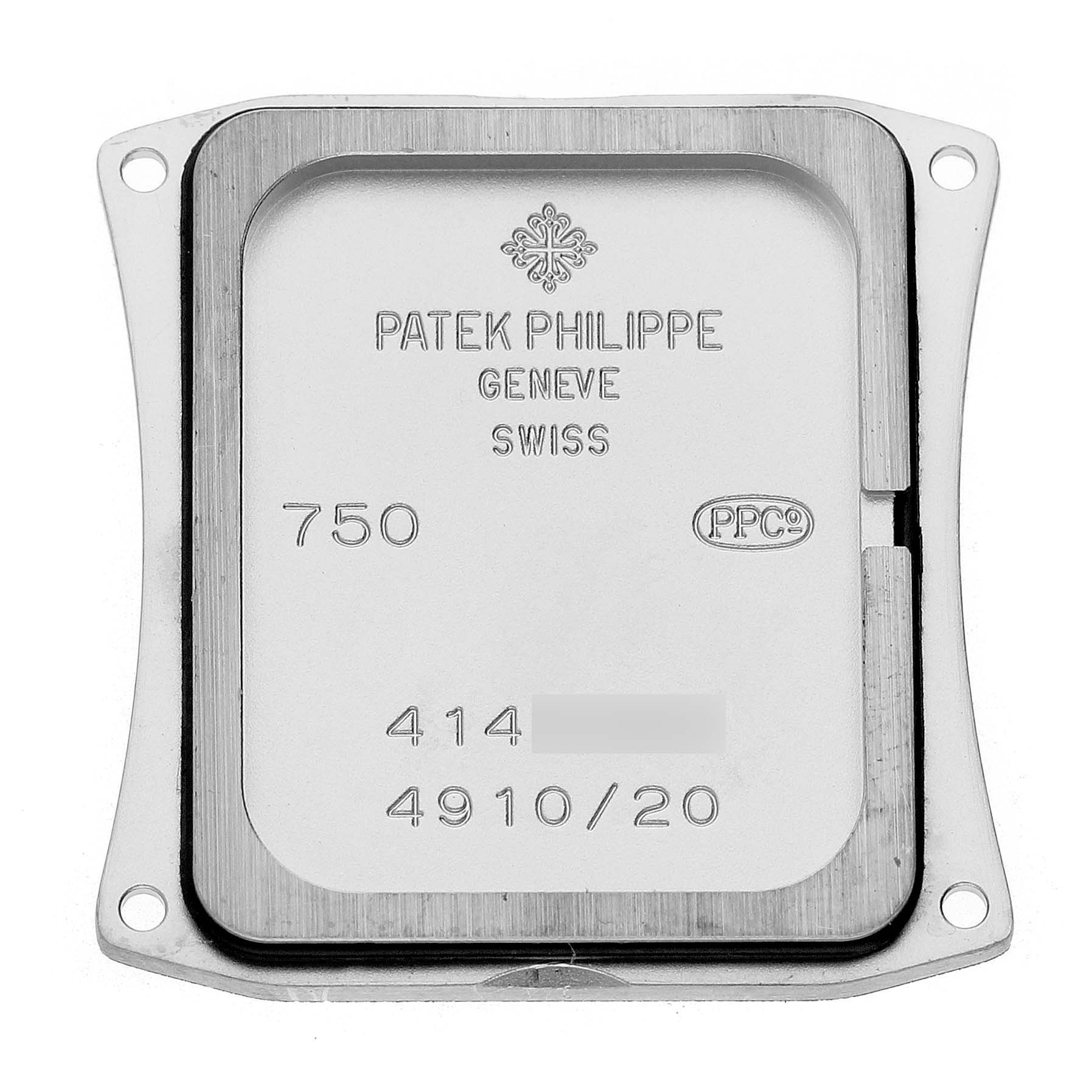 This image shows the case back of a Patek Philippe Twenty-4 4910/20G-001 Women's White Gold Black Dial watch, highlighting engravings and hallmarks.