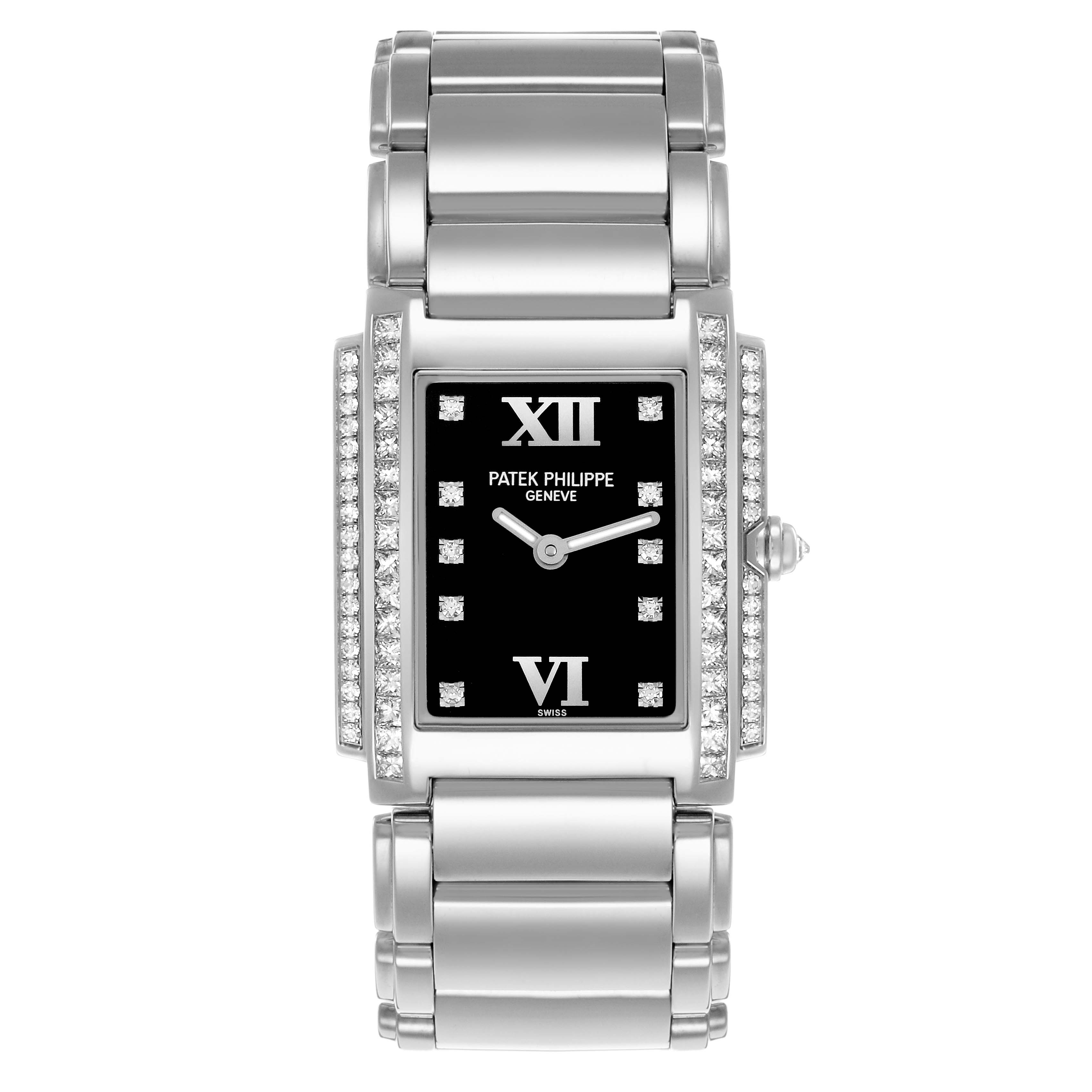 The Patek Philippe Twenty-4 4910/20G-001 Women's White Gold Black Dial watch is shown from a top-down angle, displaying the face, bracelet, and diamond accents.