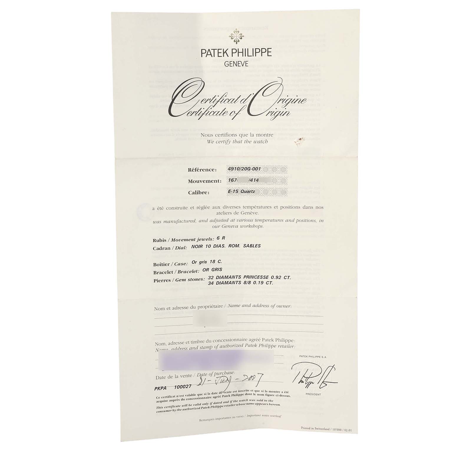 This image shows the Certificate of Origin for the Patek Philippe Twenty-4 4910/20G-001 Women's White Gold Black Dial model watch.