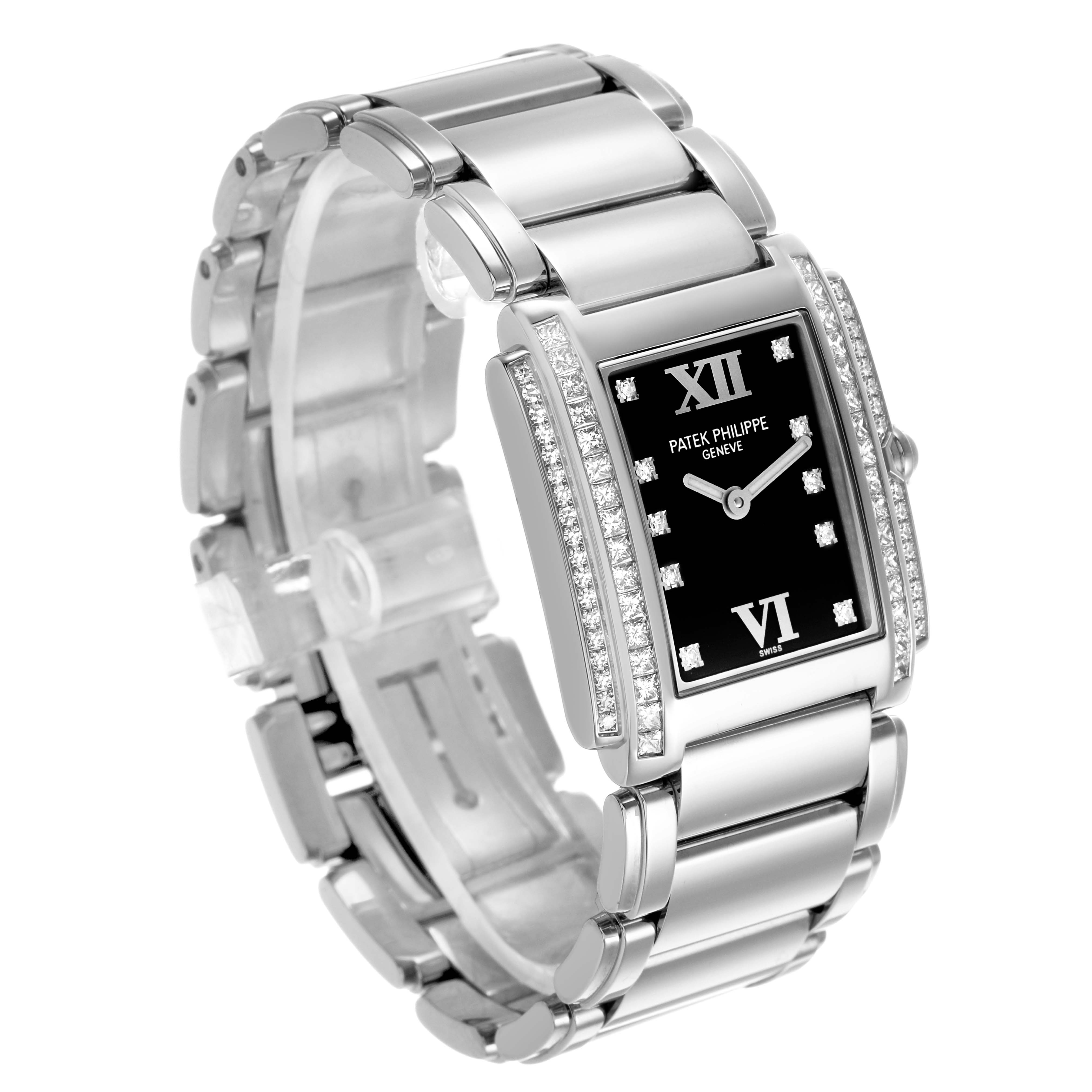 The Patek Philippe Twenty-4 4910/20G-001 Women's White Gold Black Dial watch is shown at a three-quarter angle, highlighting its rectangular diamond-set bezel and silver bracelet.