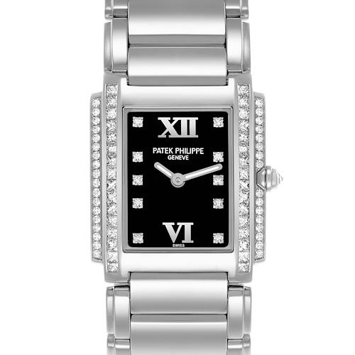 The image shows a front view of the Patek Philippe Twenty-4 4910/20G-001 Women's White Gold Black Dial watch, highlighting its rectangular case, diamond accents, and bracelet.