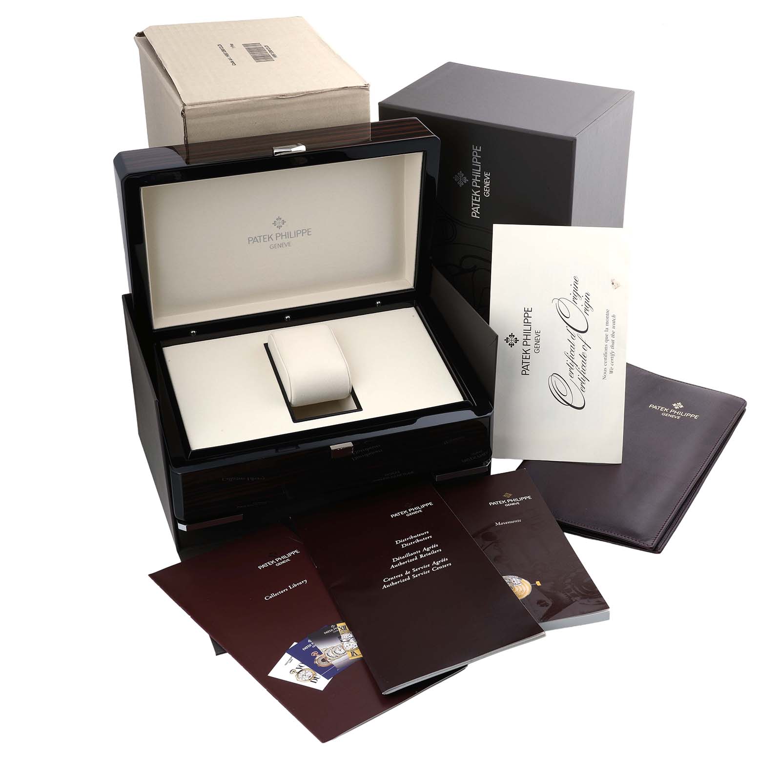 The image shows a Patek Philippe Twenty-4 4910/20G-001 Women's White Gold Black Dial watch box set including packaging, manuals, and a certificate from a frontal angle.