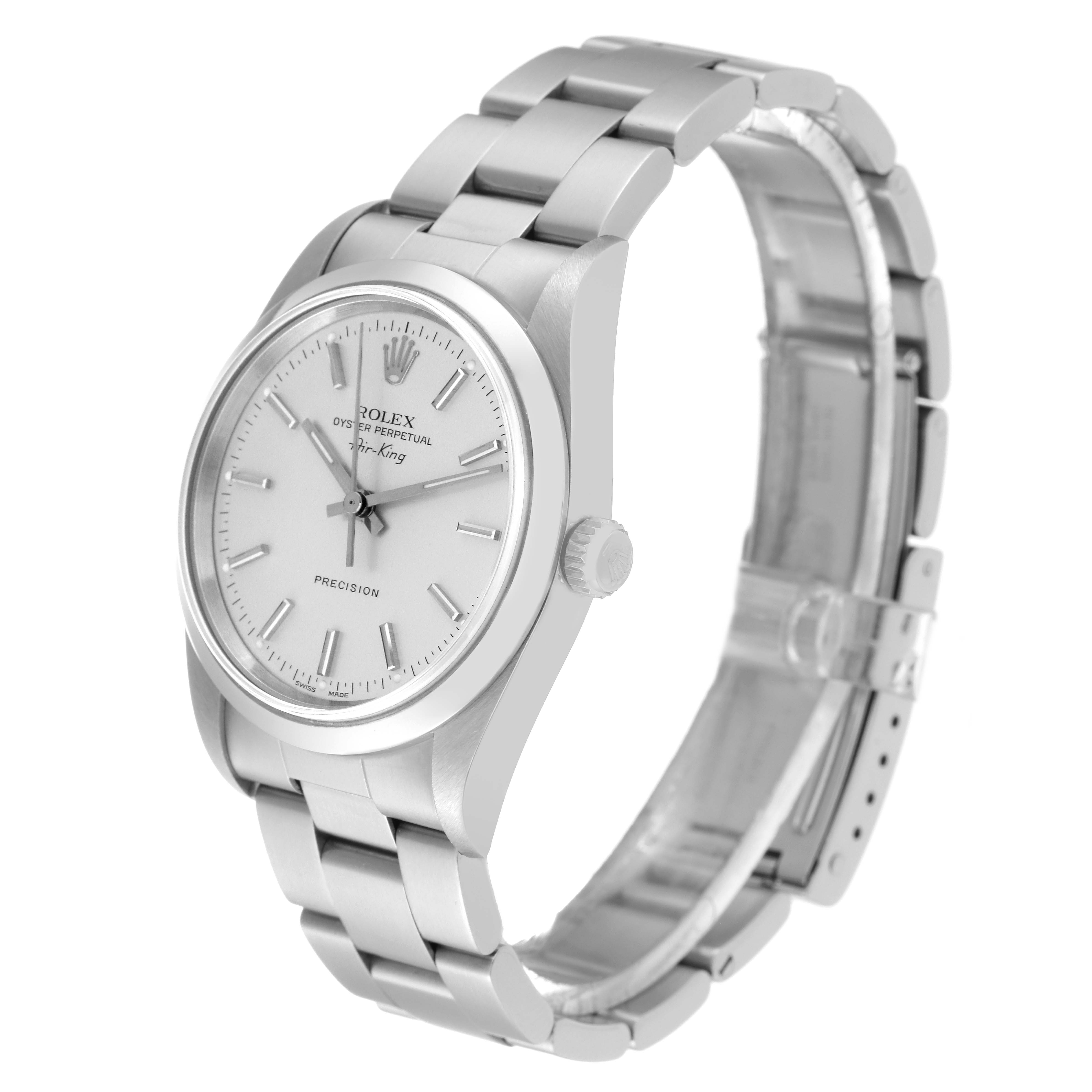 The Rolex Air-King 14000 Men's Stainless Steel Silver Dial 14000 Men's Stainless Steel Silver Dial watch is shown at a three-quarter angle, highlighting its face, bezel, crown, and stainless steel bracelet.