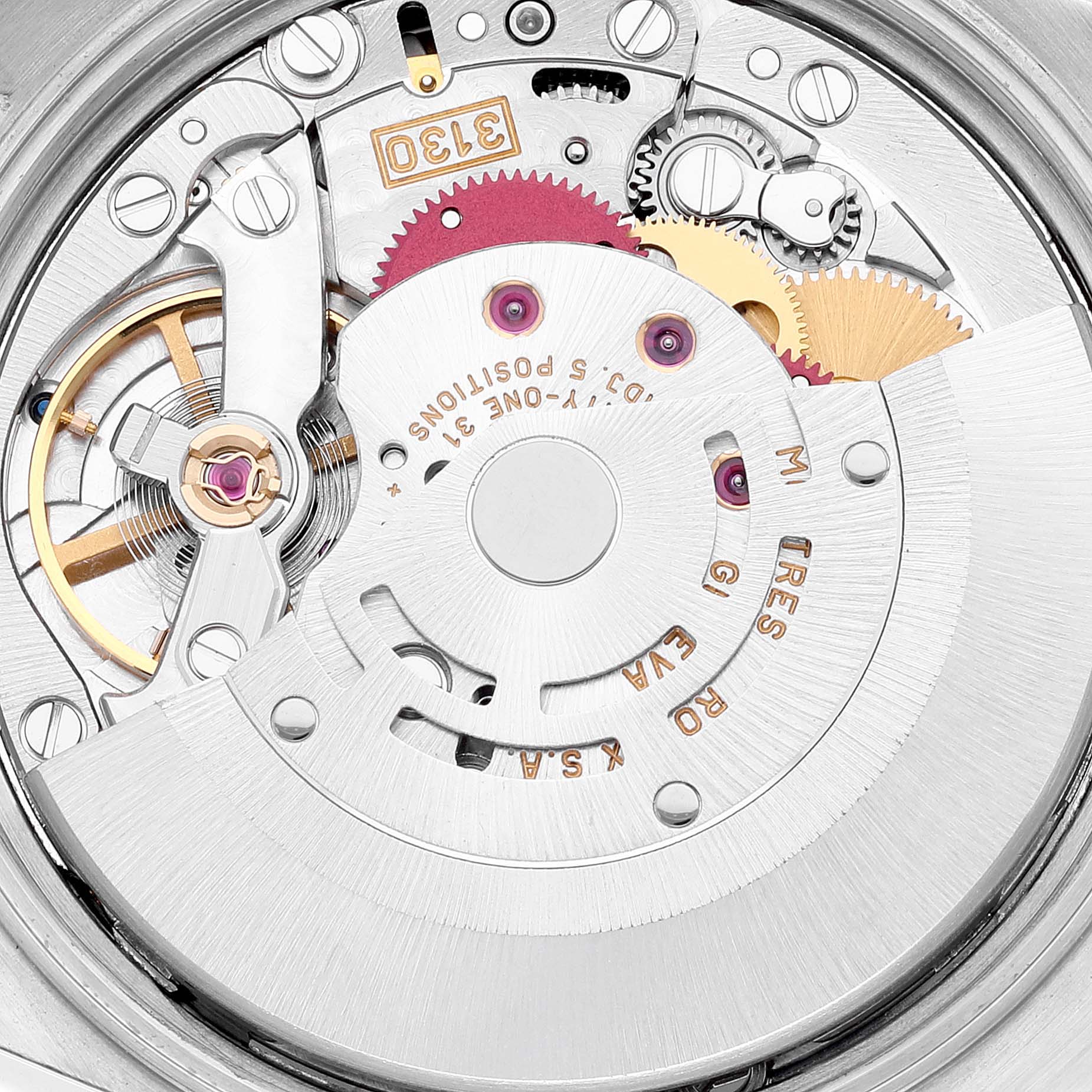 The image shows the internal movement mechanism of the Rolex Air-King 14000 Men's Stainless Steel Silver Dial 14000 Men's Stainless Steel Silver Dial watch from an overhead angle.