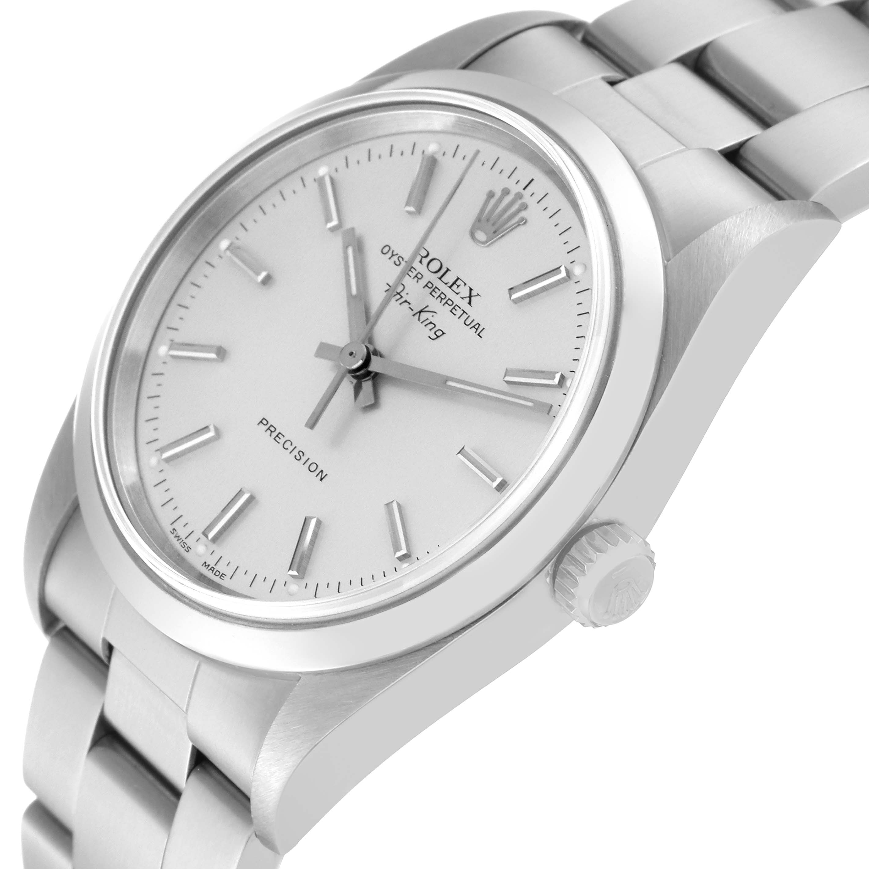 This Rolex Air-King 14000 Men's Stainless Steel Silver Dial 14000 Men's Stainless Steel Silver Dial watch is shown at a slight angle, highlighting the face, bezel, crown, and part of the bracelet.