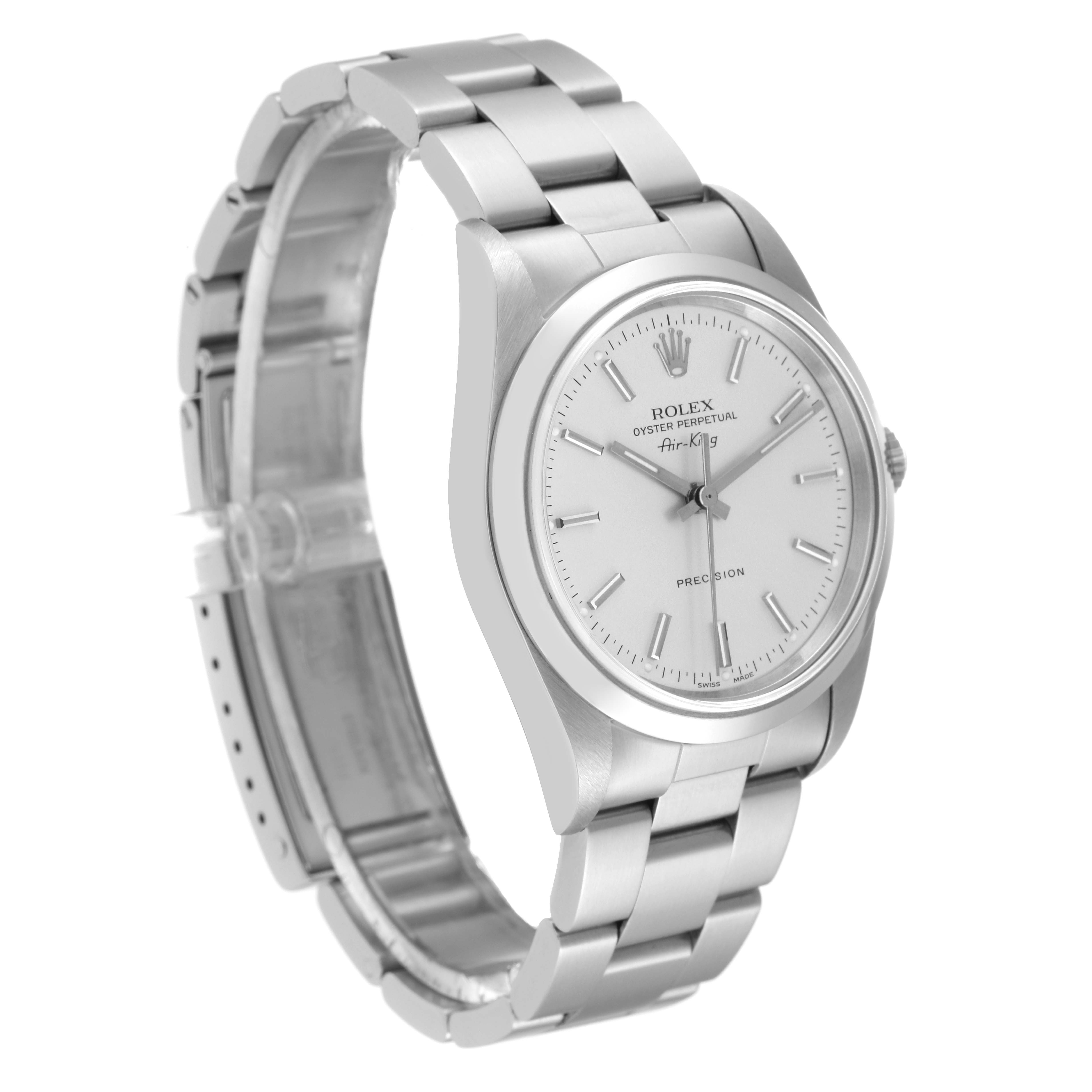 The Rolex Air-King 14000 Men's Stainless Steel Silver Dial 14000 Men's Stainless Steel Silver Dial watch is shown at a slight angle, displaying the dial, bezel, case, and bracelet.
