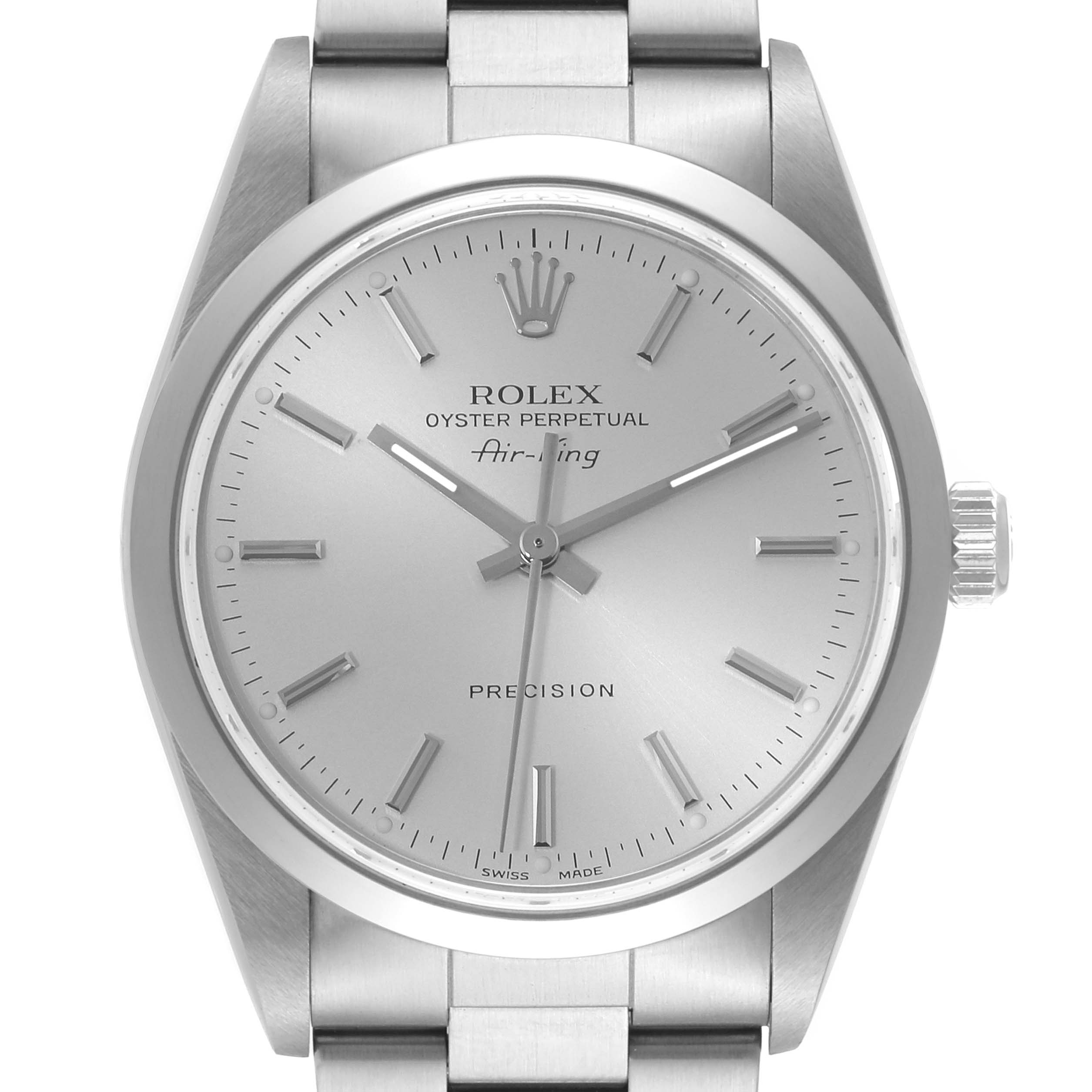 The image shows a front view of the Rolex Air-King 14000 Men's Stainless Steel Silver Dial 14000 Men's Stainless Steel Silver Dial watch, highlighting its dial, hands, and bracelet.
