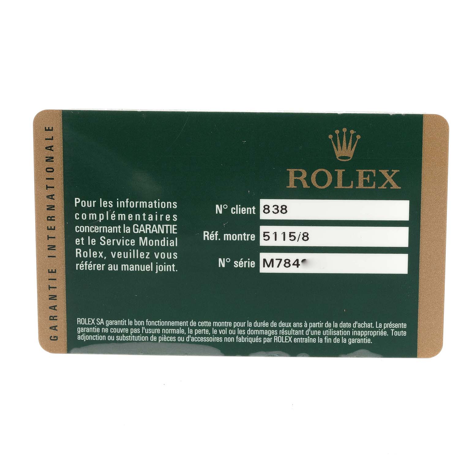 The image shows a green and gold warranty card for a Rolex Cellini 5115 Women's Yellow Gold Mother of Pearl Dial 5115 Women's Yellow Gold Mother of Pearl Dial watch, model 5115/8, with customer and serial numbers.