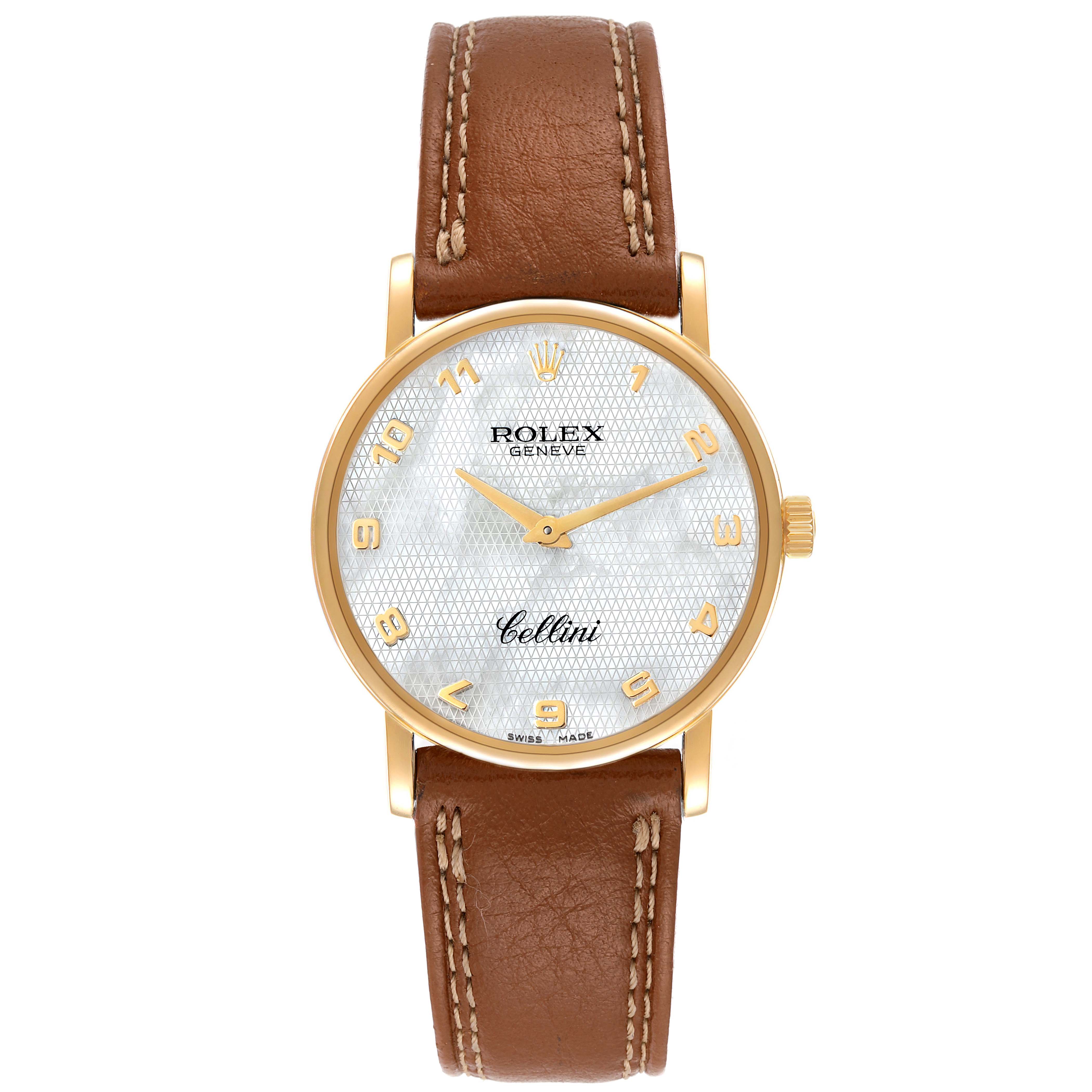 The image shows a front view of a Rolex Cellini 5115 Women's Yellow Gold Mother of Pearl Dial 5115 Women's Yellow Gold Mother of Pearl Dial watch, displaying its face and brown leather strap.